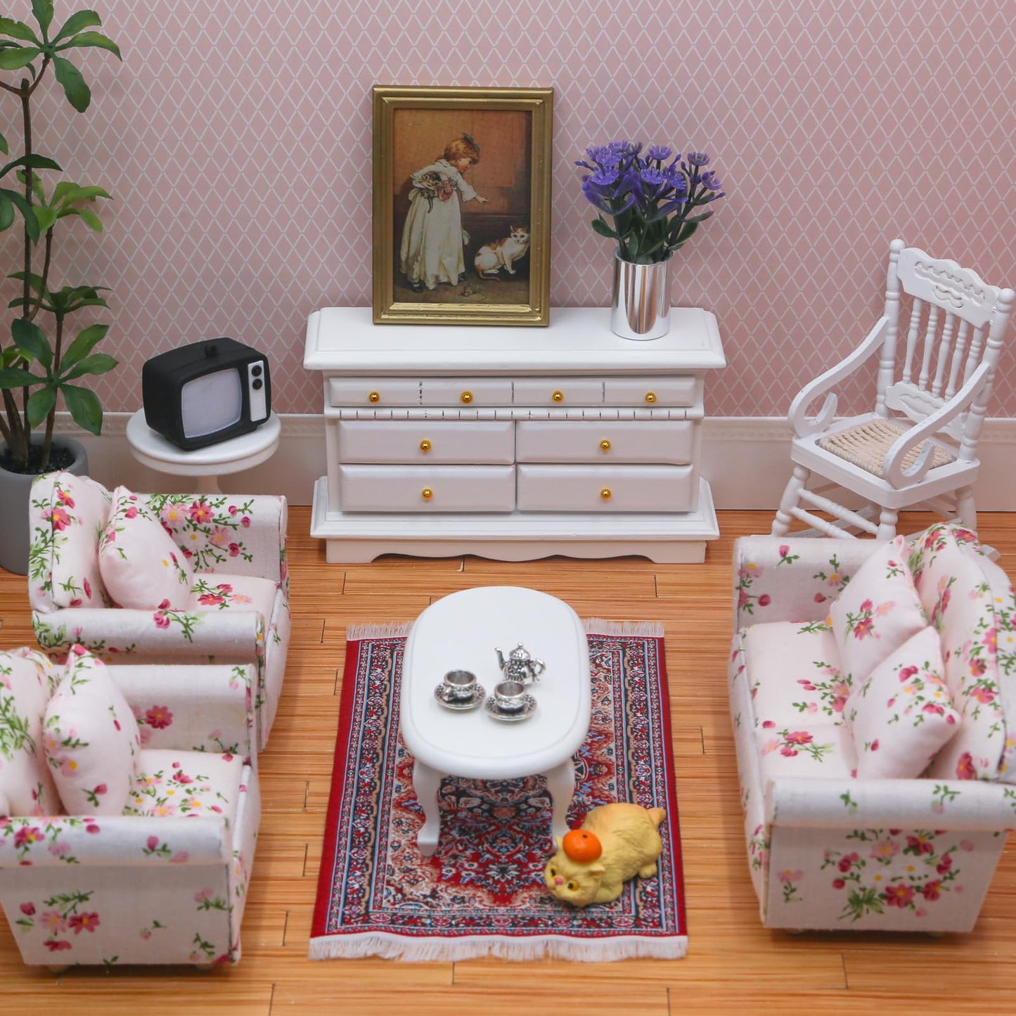 Minamzee 3Pcs 1:12 Dollhouse Side Cabinet Furniture Set, Wooden Miniature Wall Chest Cabinet with Drawers, Art Painting & Potted Plant, Cupboard Doll Accessories for Living Room,Kitchen Bedroom