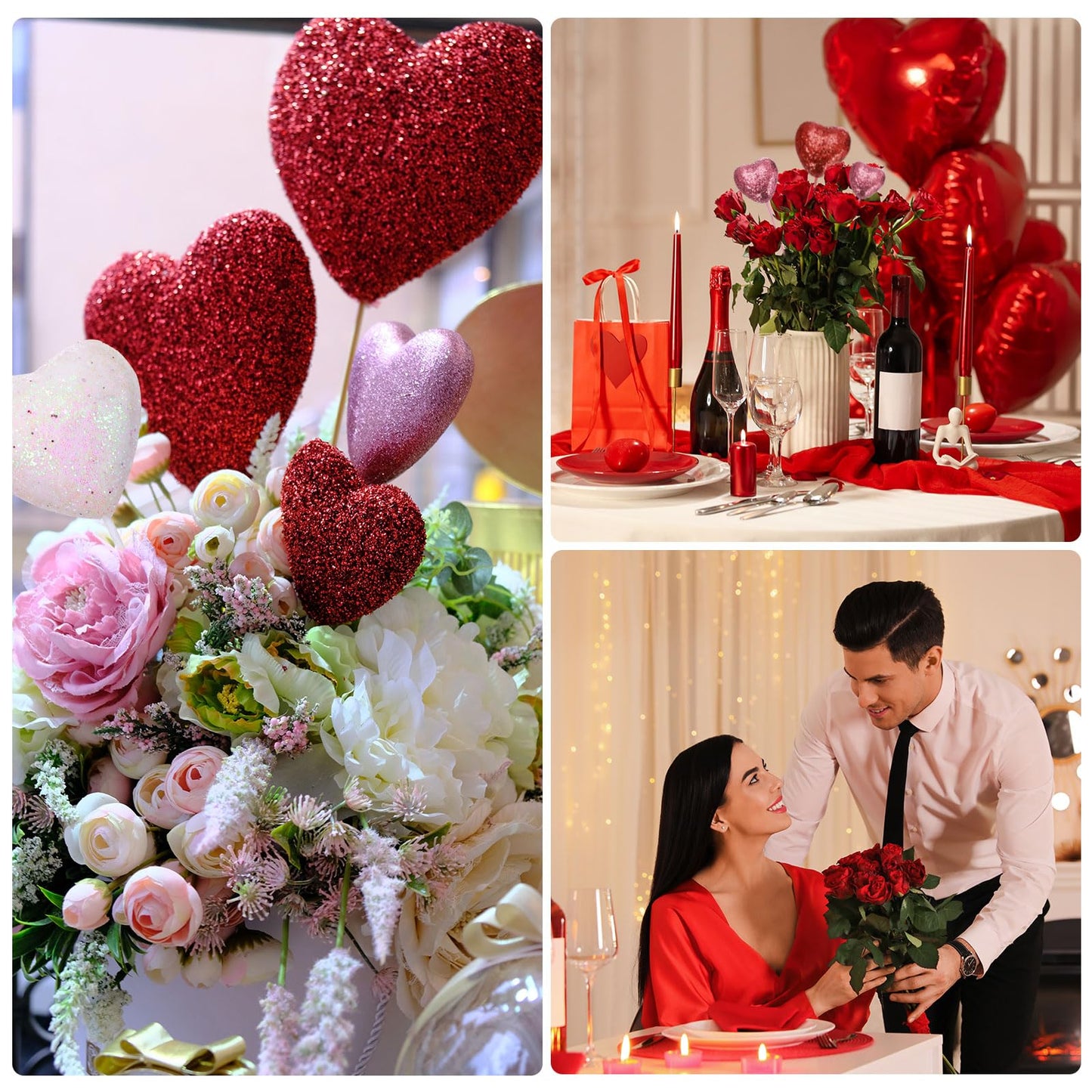 MECCANIXITY 24 Pcs Glitter Heart Shaped Picks Puffy Foam Hearts Floral Sparkly Stick for Valentine's Day Wedding Decor Home Vase Supplies Flower Arrangements Craft (Red/Pink/White, 4cm x 22cm)