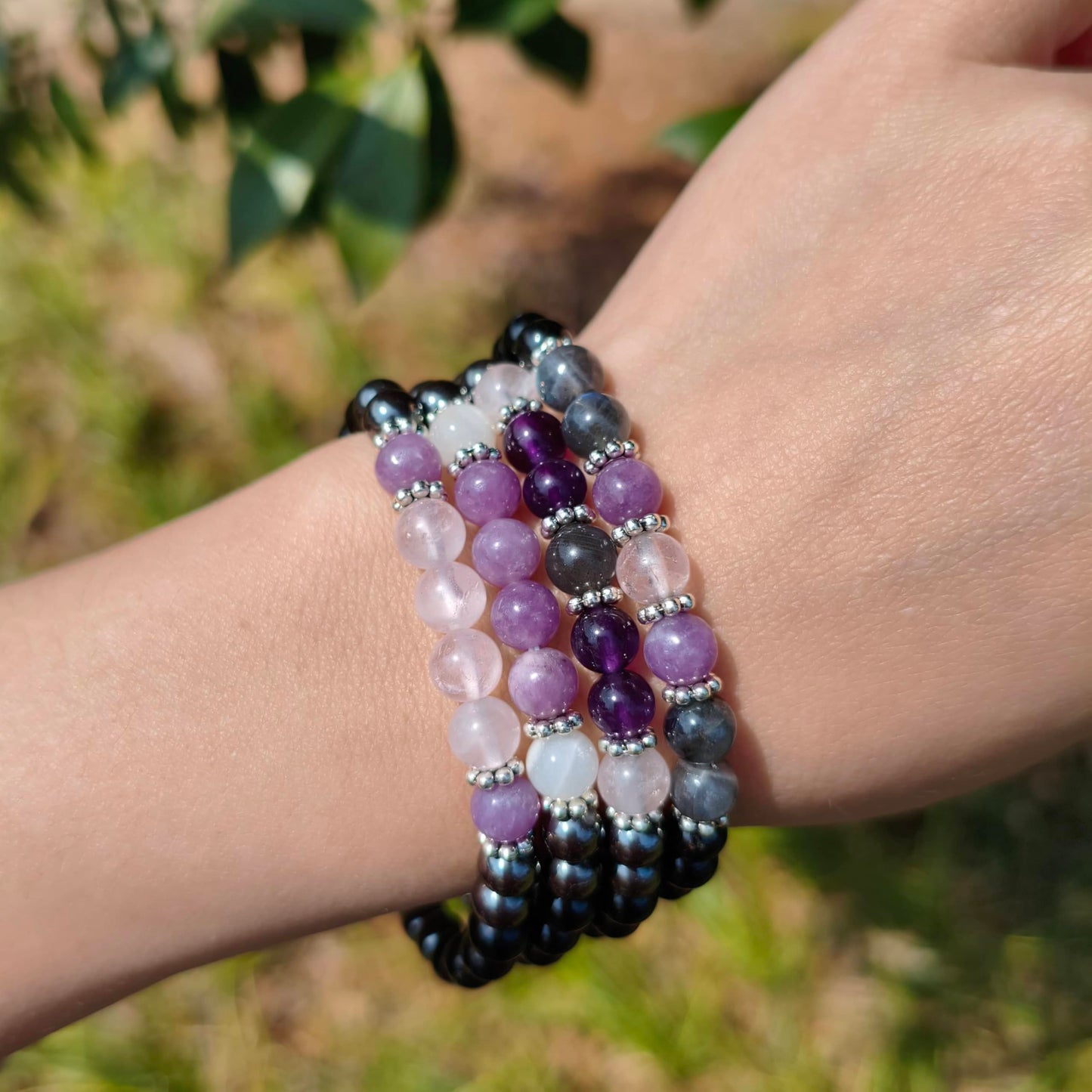 Gracayfr Anxiety Relief Bracelet Protection Black Tourmaline Labradorite Lepidolite Rose Quartz Healing Crystal Grief Support Gifts Items Jewelry Women Lepi Ros Labra