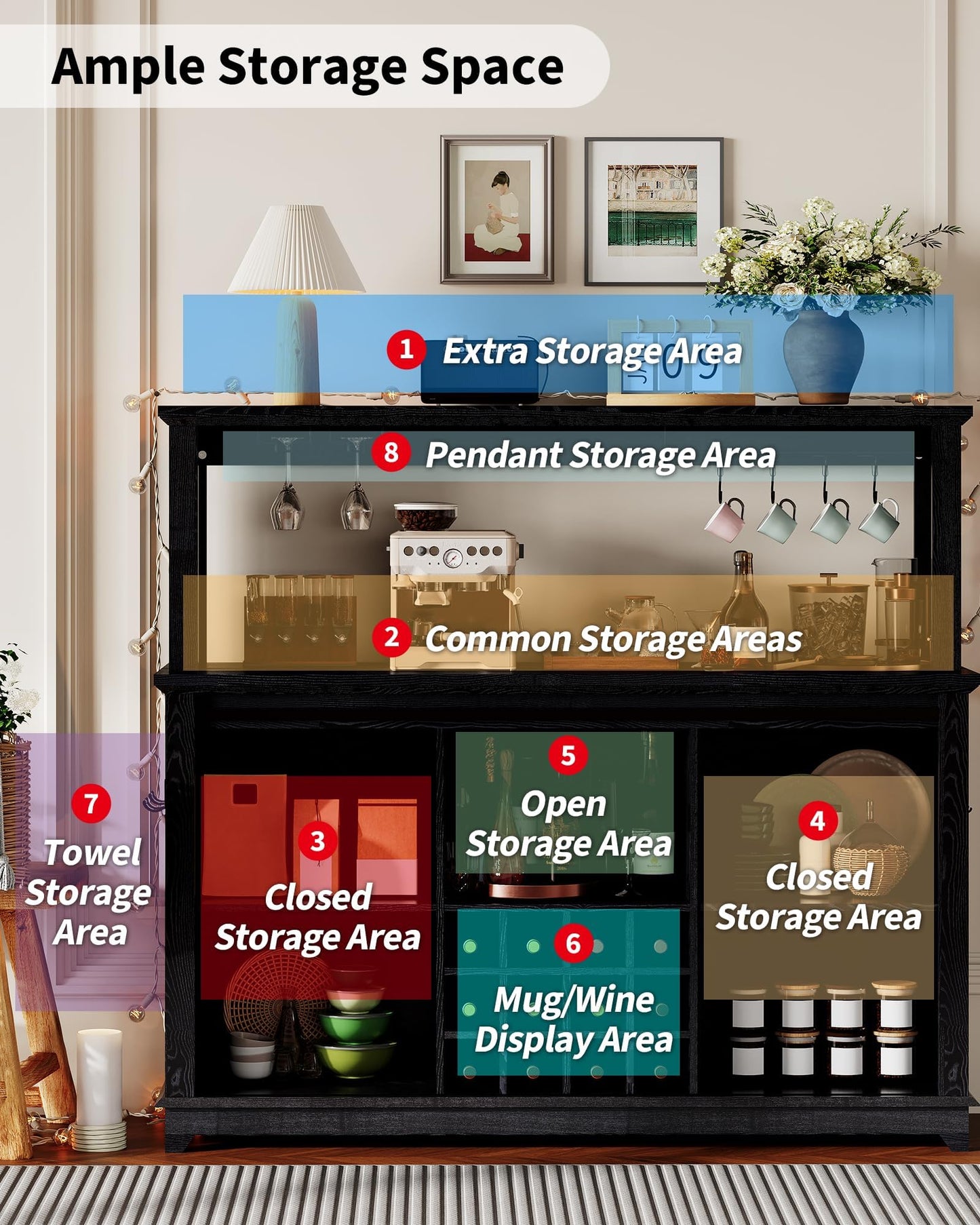 Farmhouse Coffee Bar Cabinet with Power Outlet & LED Lights,55" Sliding Barn Door Buffet with Removable Wine Rack & 2-Tier Drawers, Multi-Functional Storage Cabinet for Kitchen, Dining or Living Room
