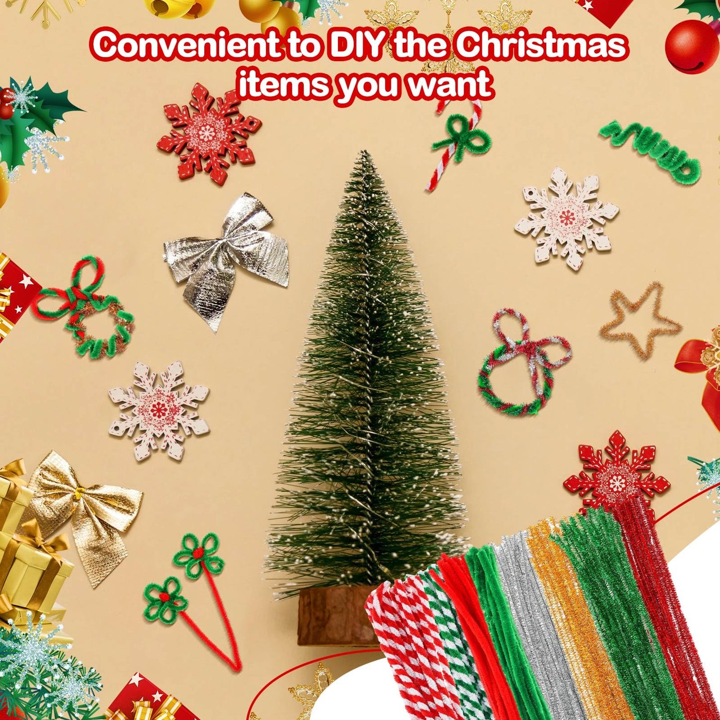 Juexica 300 Pcs Christmas Pipe Cleaners Craft Set Including Glitter Chenille Stems Poms Self Adhesive Wiggle Googly Eyes Creative Arts Chenille Stems for Christmas Decoration DIY Art Craft (Assorted)