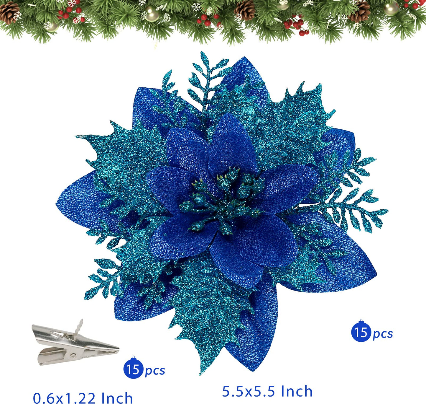 Childom 15 PCS Blue Poinsettia Flower Artificial Poinsettias with Clips Christmas Decorations Glitter Poinsettia Christmas Ornaments Xmas Tree Flowers with Stems DIY Xmas Wreath Holiday Party Decors