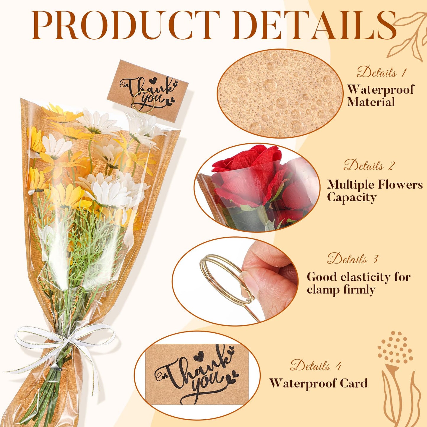 Gilprop 50 Pack 16.5 '' Flower Wrapping Bag Bouquet Kraft Paper Pack Sleeve with Floral Thank Card Holder and Pick Ribbon Flower Bouque Bag for Ot Mouth Thank Teacher, Father's Day, Graduation Gift