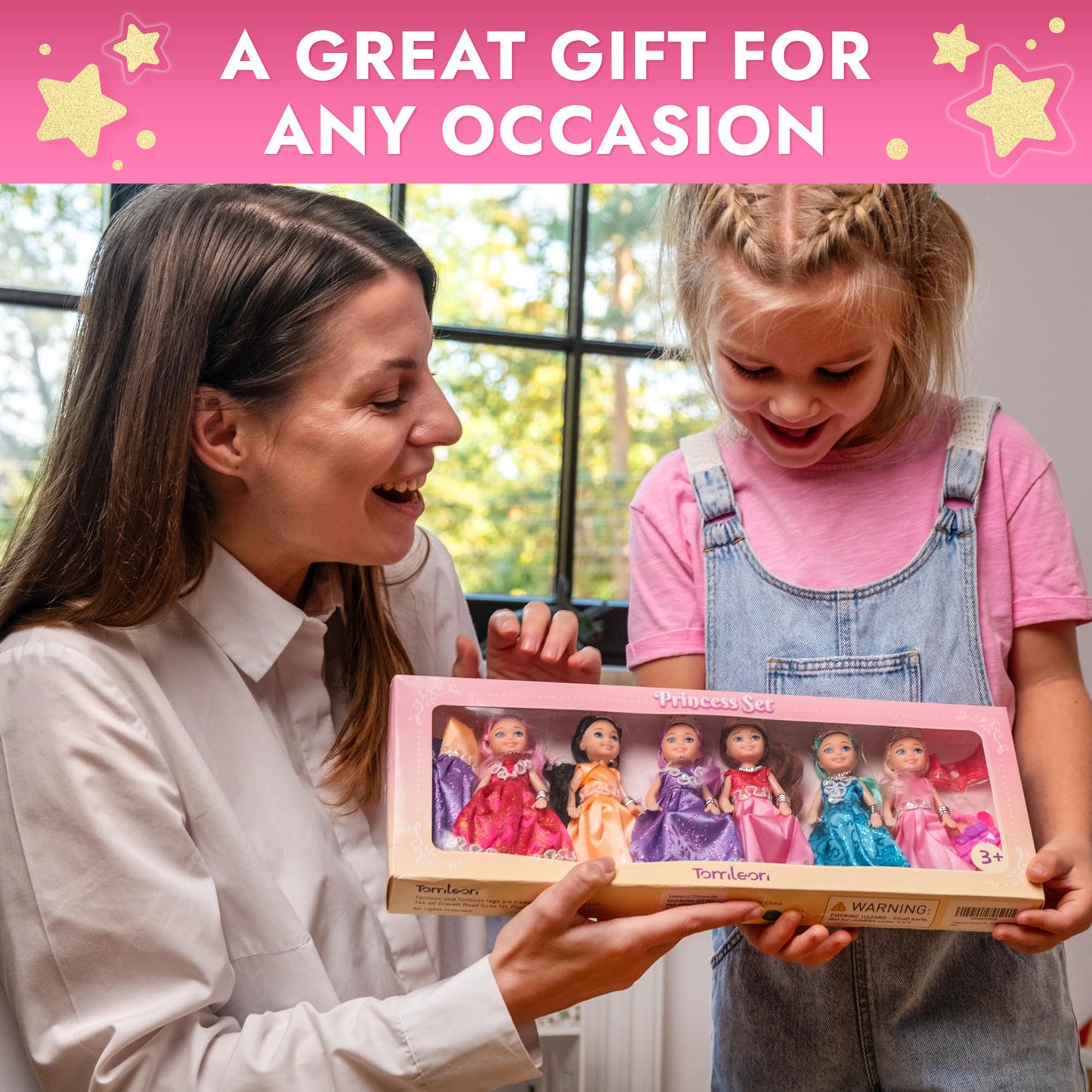 TOMLEON Princess Dolls Playset ā 6 Mini Princess Dolls with Colorful Gowns, Crowns & Jewelry ā Fantasy Role Play Set for Kids with Elegant Dresses, Accessories & Royal-Themed Box ā Gift for Ages 3+