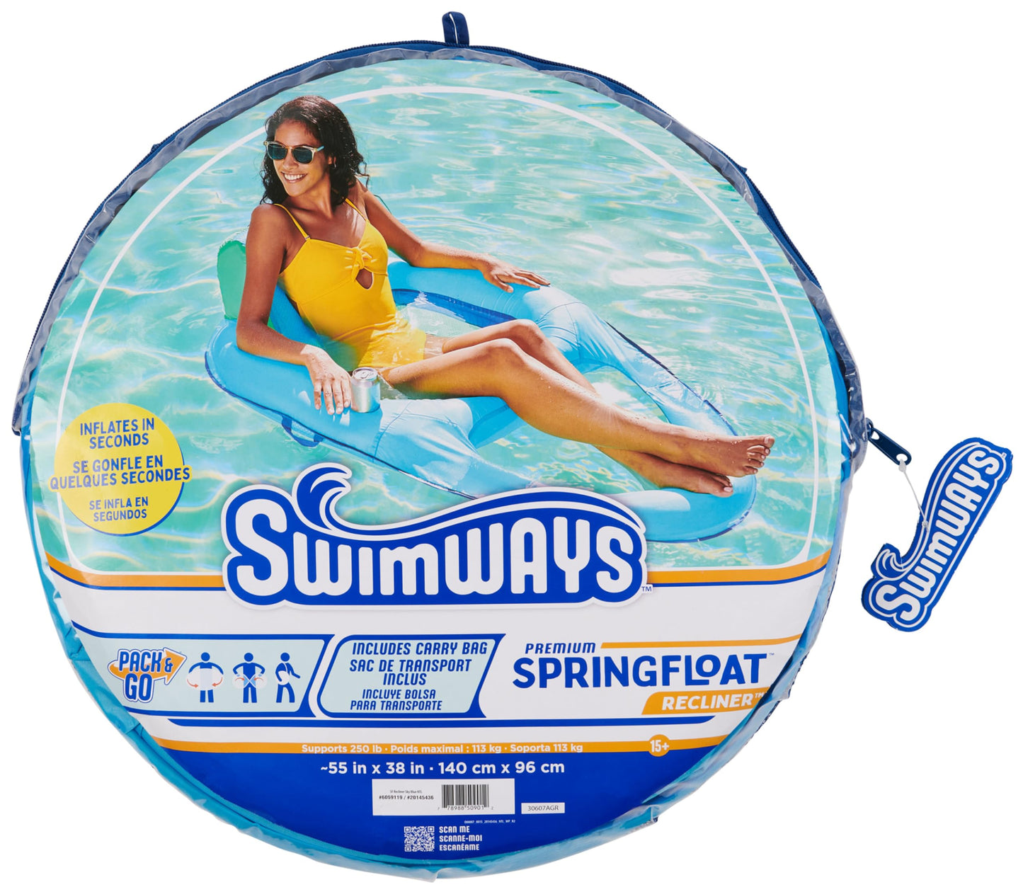 SwimWays Spring Float Premium Recliner Pool Lounger, Inflatable Pool Floats Adult with Fast Inflation for Ages 15 & Up, Sky Blue