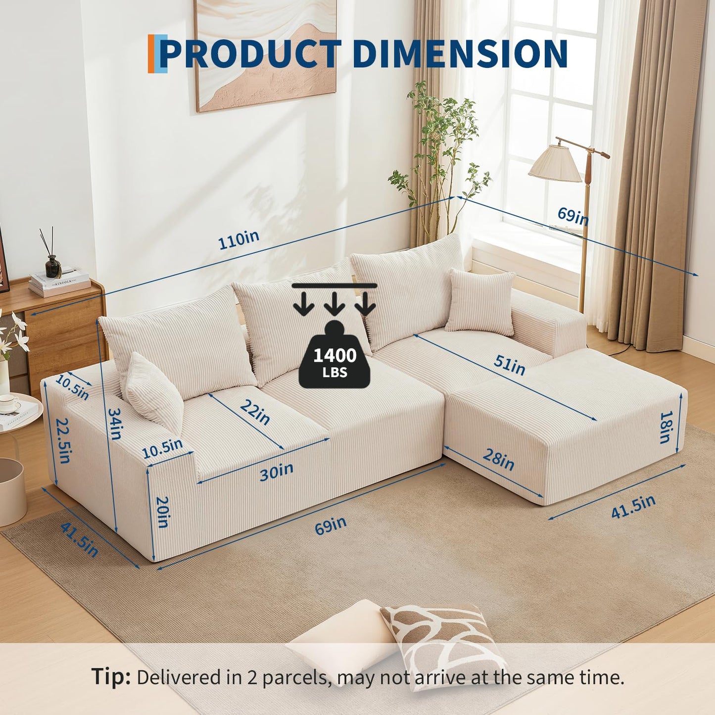 110" Modular Sectional Sofa Couches for Living Room, Cloud Memory Boneless Couch, No Assembly Required,Comfy Cloud 3-Seater Couch with Chaise, Memory Foam Sofa for Offices, Bedroom and Apartment