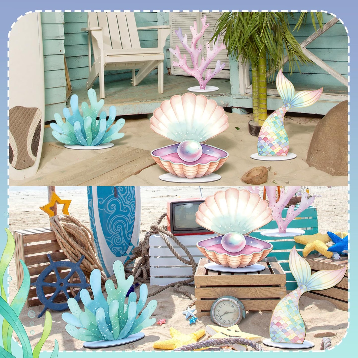 Novabright 4 Pcs Large Mermaid Birthday Decorations Mermaids Photo Booths Props Under The Sea Baby Shower Party Decoration Plastic Clam Shell, Coral, Stand Mermaid Tail Ocean Cutouts Party Decor