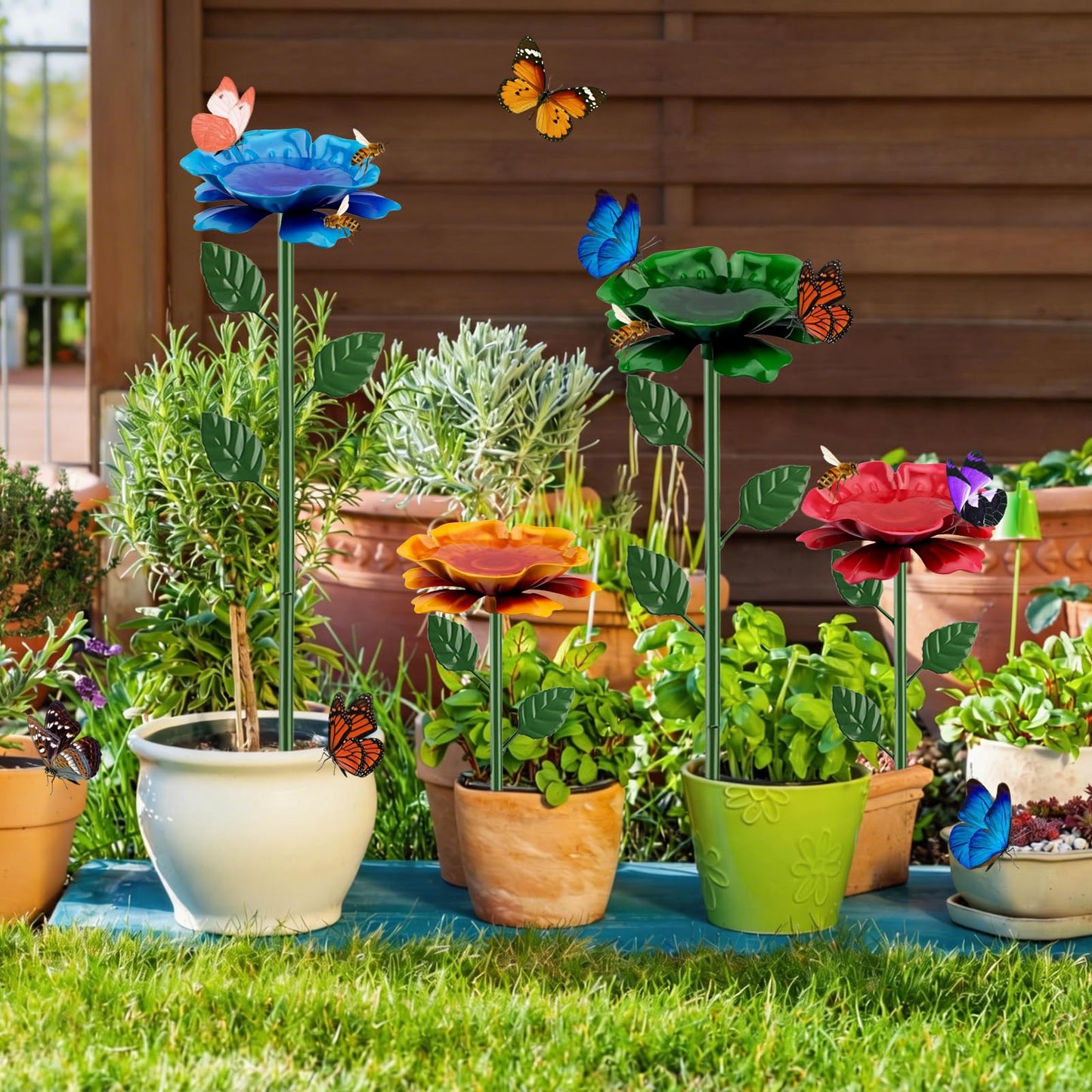 Abtanx 4 Pack Bee Watering Station, Bee Feeder for Garden Metal Butterfly Water Feeder with Flower Design Colorful Butterfly Bee Bath Bowl for Outdoor Garden Yard