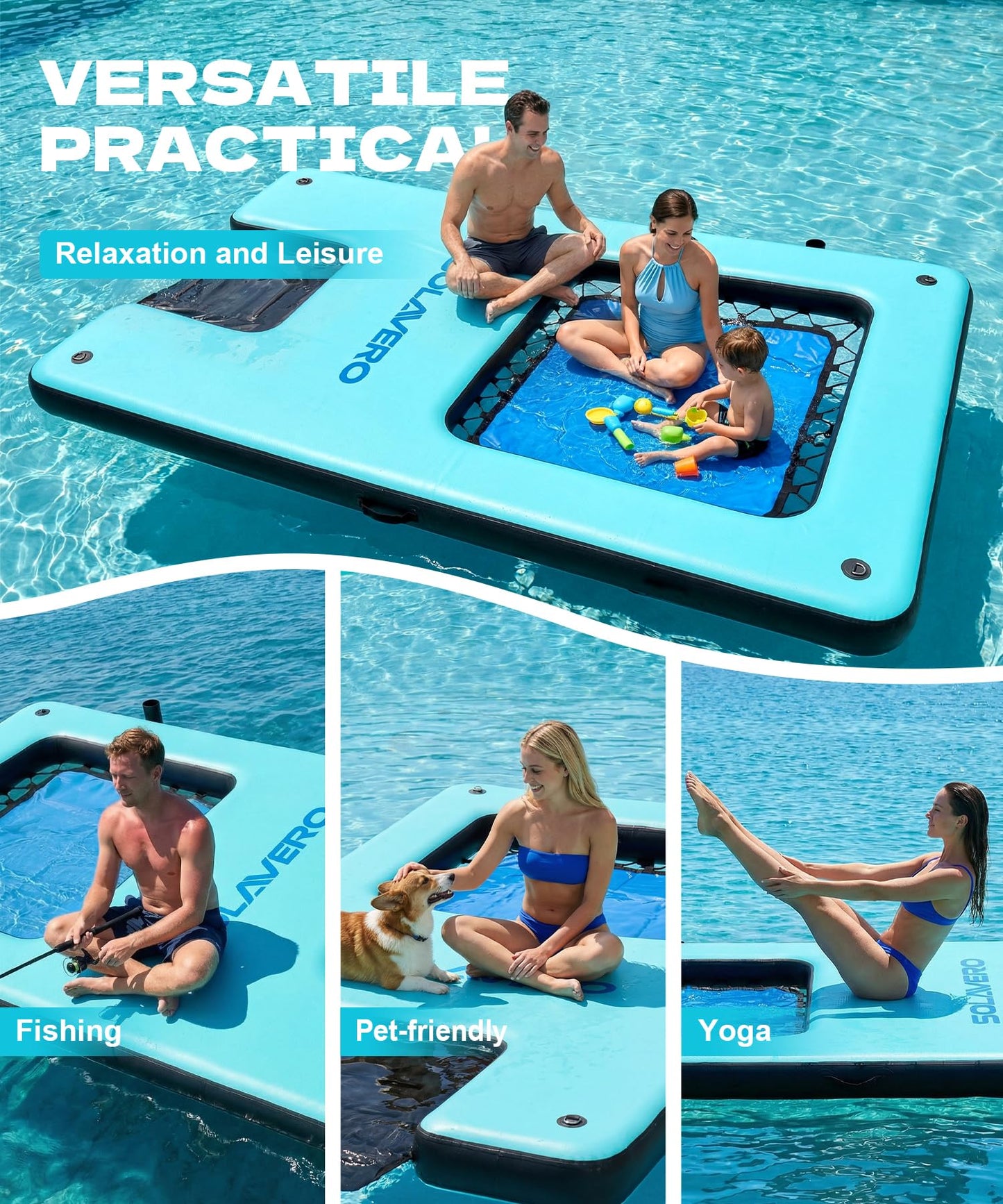 SOLAVERO 10x6ft Inflatable Floating Dock with Water Ramp, Heavy Duty Floating Platform for Adults & Dogs, Non-Slip Lake Float with Mesh Hammock, Cup Holders for Pool, Lake, Boat, Party