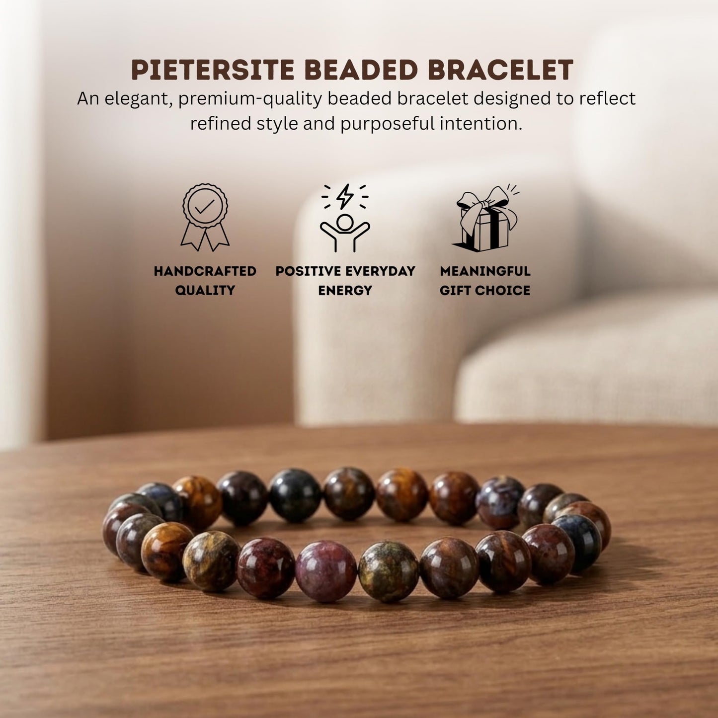 Cherry Tree Collection Pietersite Beaded Bracelet – Genuine 8mm Gemstone Stretch Bracelet for Men & Women – Handmade Crystal Bracelet - (Pietersite - S)