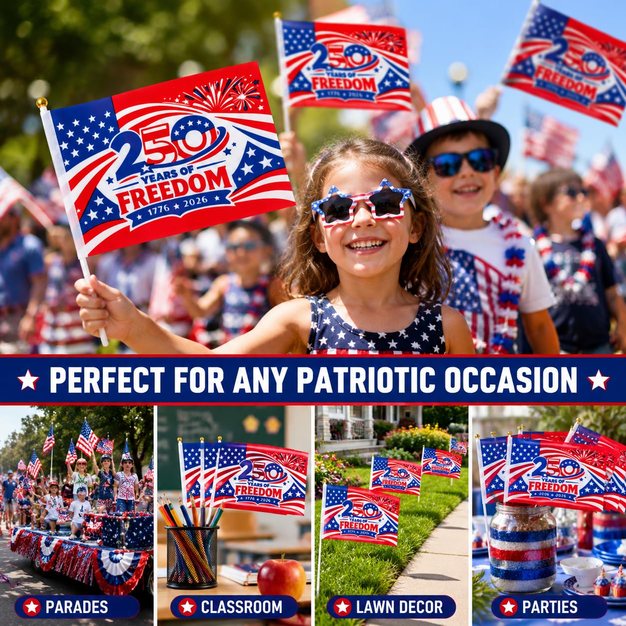America 250th Anniversary Stick Flags 25/50 Pack – 1776-2026 Patriotic Hand Held American Flags, Small Mini USA Flags for Parade, Party, Classroom, Memorial Day, Independence Day & July 4th Decorations (25)