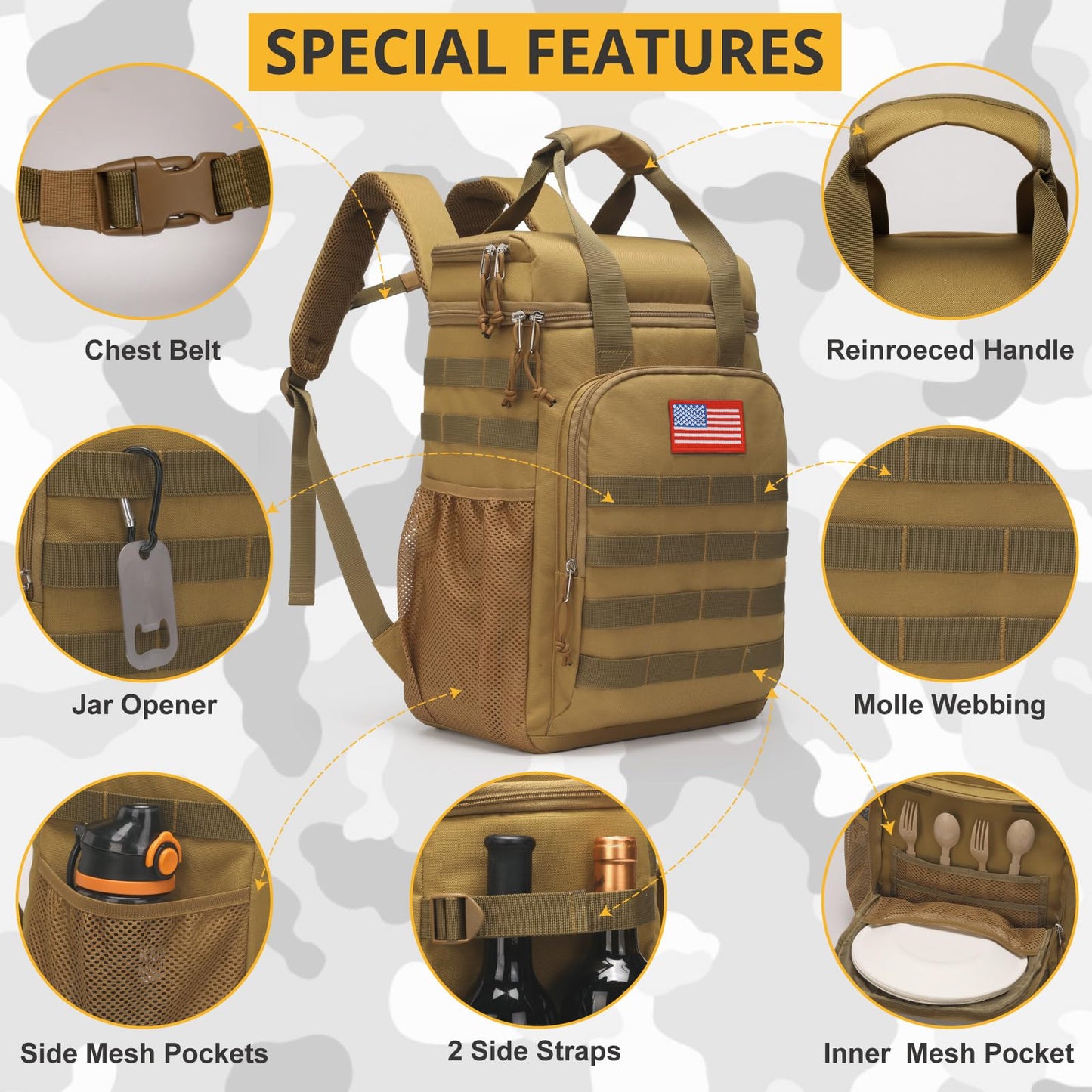 Tactical Backpack Cooler,Lunch Backpack for Men Work with Handle,Soft Cooler Backpack Insulated Waterproof Leak Proof,Heavy Ice Chest Backpack for Hiking Camping(Brown)