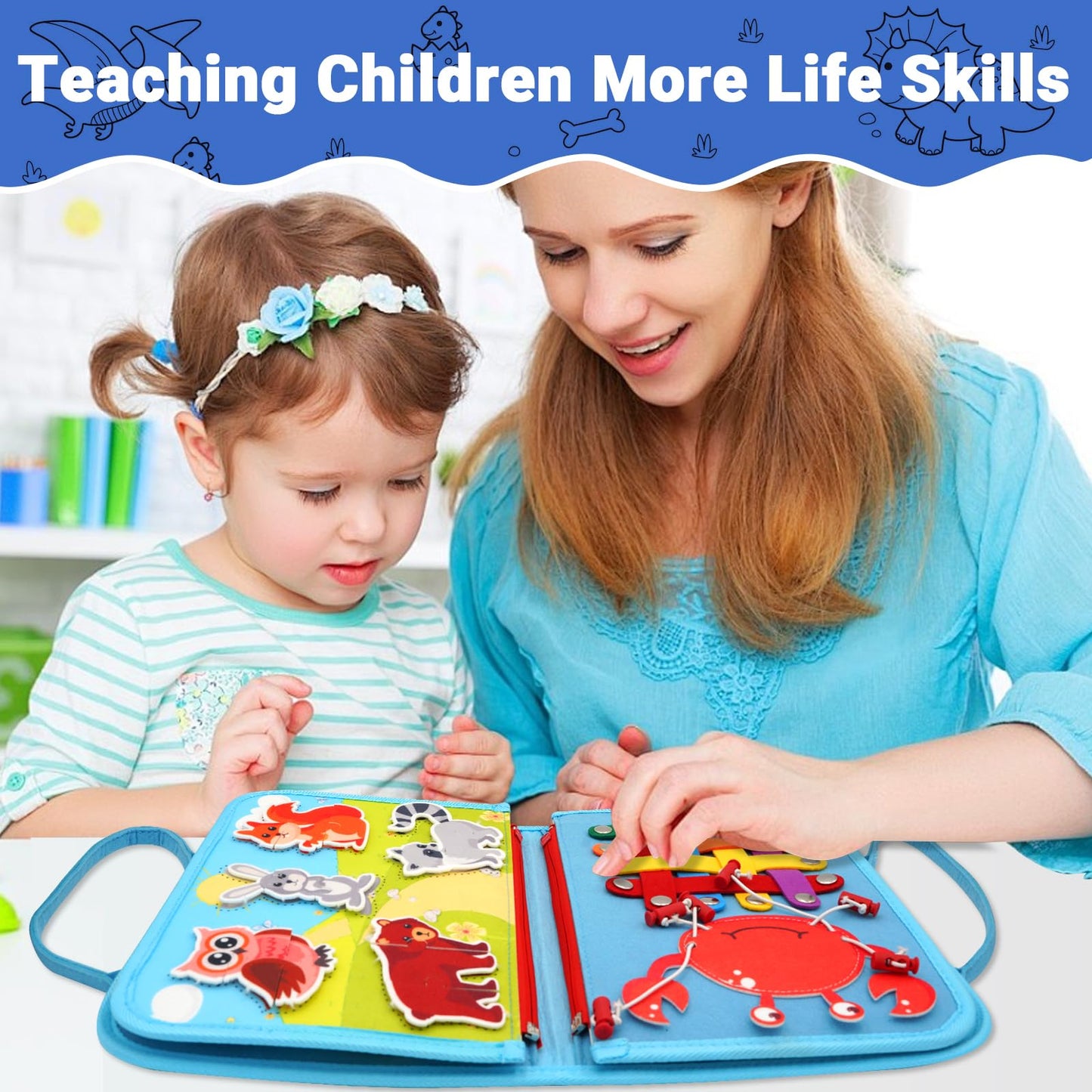 MEGRANATE Montessori Busy Board, Baby Busy Book Educational Learning Toys for Toddlers Quiet Book Activity Books Buckle Toy Fine Motor Skills Toys for 3+ Year Old Kids (Blue)