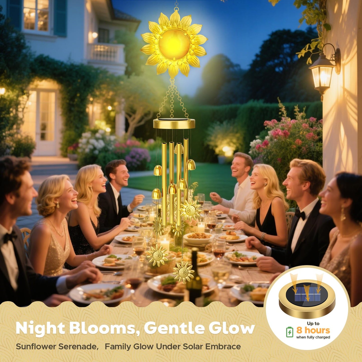 JYPS Solar Wind Chimes with Sunflower LED Lights, 42-Inch Large Waterproof Outdoor Garden Decor for Patio Yard, Unique Gifts for Women Mom Grandma, Mother's Day Christmas Birthday Easy-Install Design