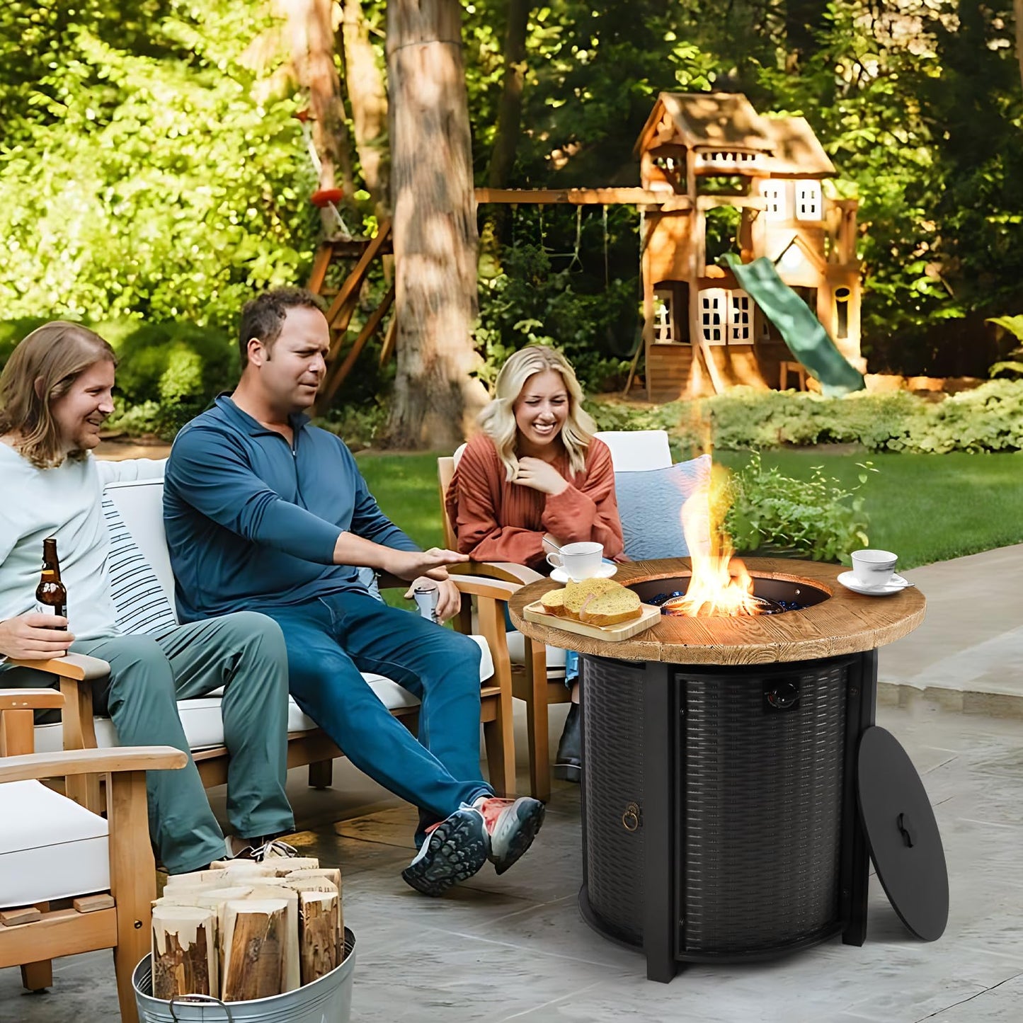 lovamsal 30 Inch Round Propane Fire Pit,50,000 BTU Iron Gas Firepit with Ignition Systems,w/Lid,Glass Stones,Outdoor Fire Table for Outside Patio,Deck-Black