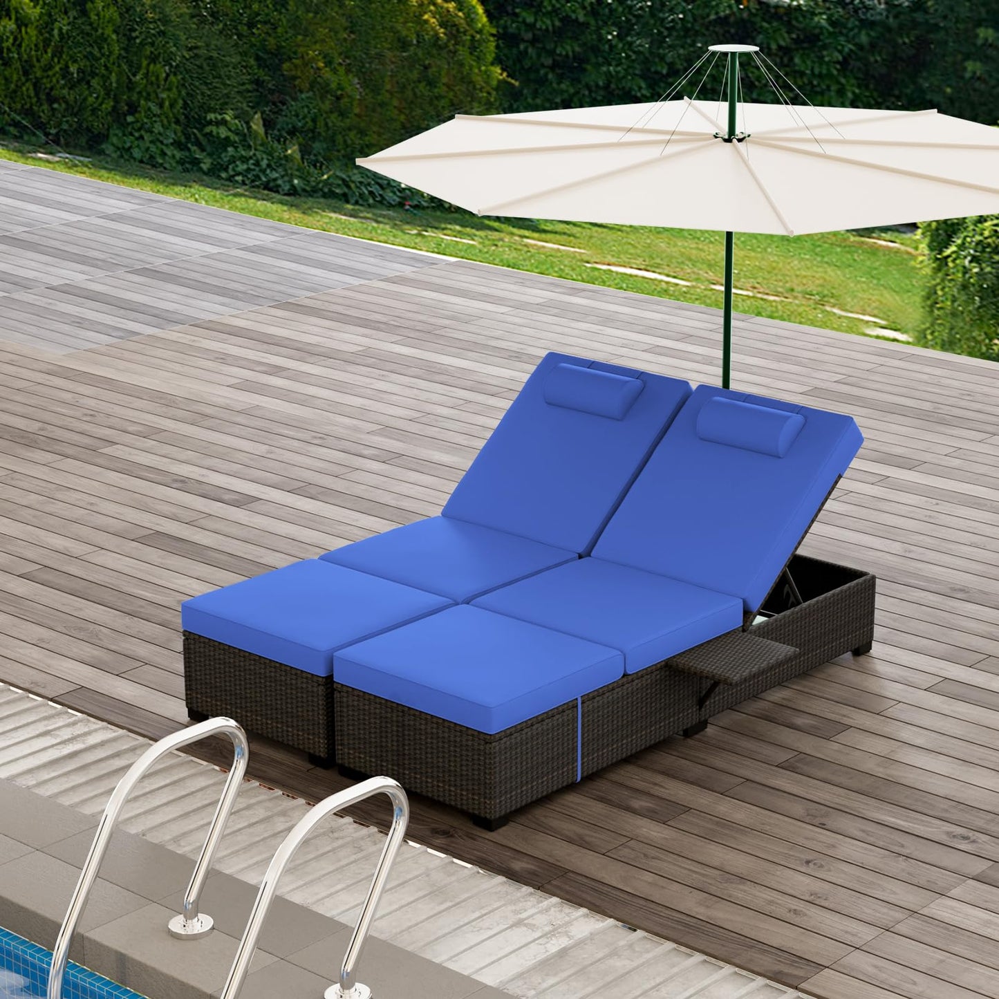 Garvee Outdoor Chaise Lounge Set of 2, 5-Position Adjustable Reclining PE Wicker Lounge Chairs with Cushions for Poolside, Garden, Patio, Backyard, Blue