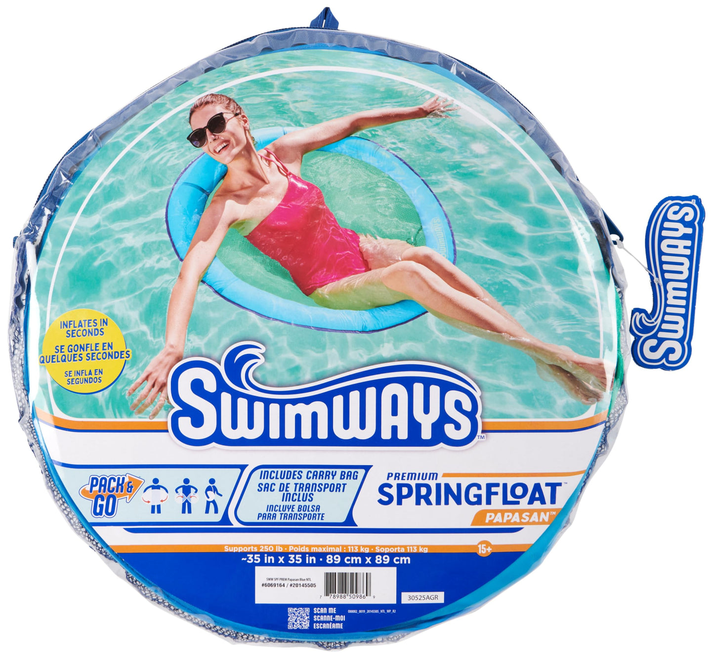 SwimWays Spring Float Premium Papasan Pool Lounger, Inflatable Pool Floats Adult with Fast Inflation for Ages 15 & Up, Sky Blue