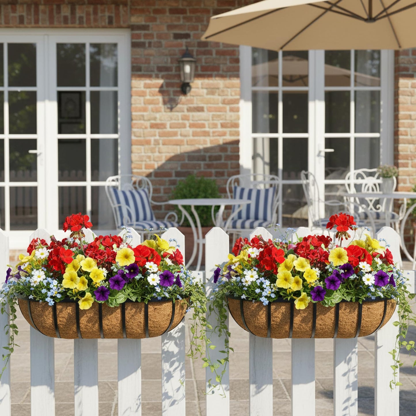 EIMQUVW 30 Inch Railing Planter Window Box Deck Balcony Rail Planter with Coco Liner Metal Wall-Mounted Coconut Liner Basket English Horse Trough for Outdoor Balcony Porch Fence Patio (2 Pack)
