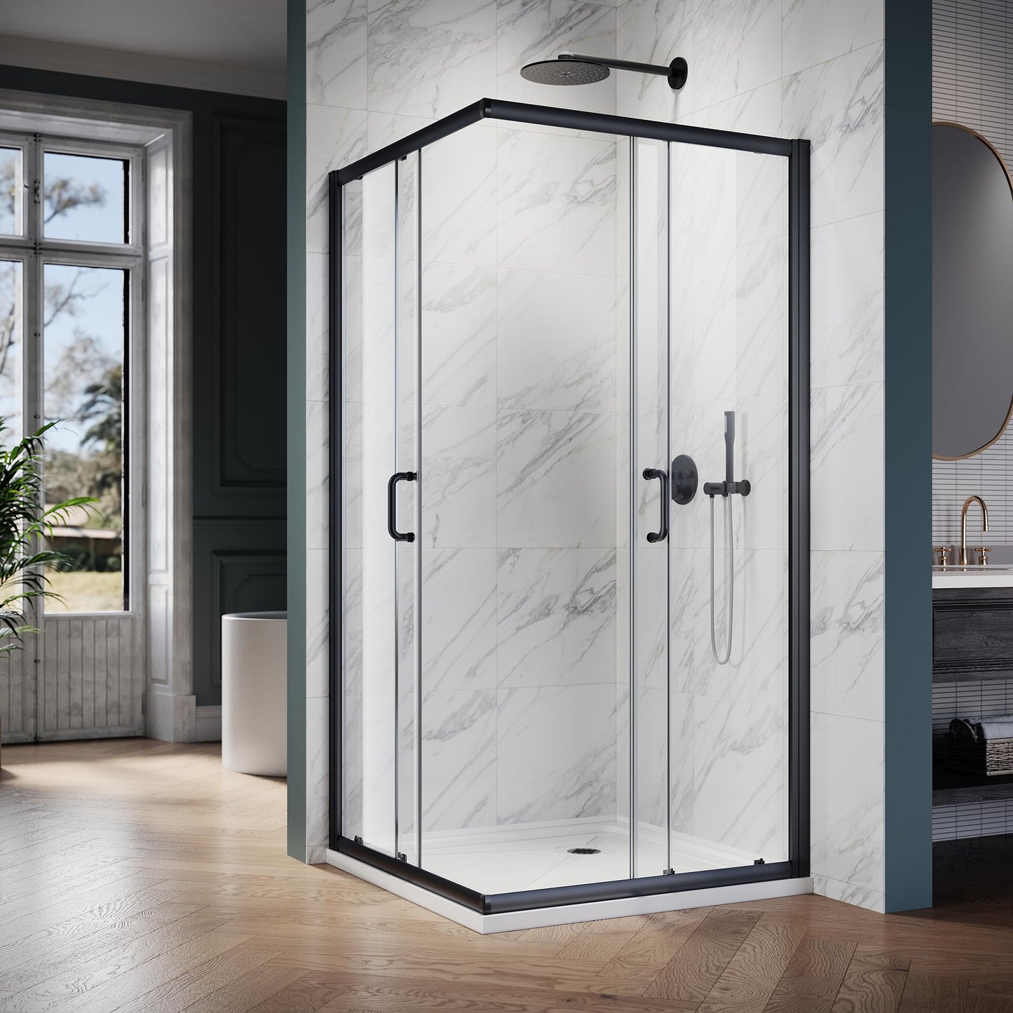 ELEGANT Corner Shower Enclosure 36 in.D x 36 in. W x 72 in. H, Double Sliding Corner Shower Door with 1/4 in. Tempered Glass, Sliding Shower Enclosure in Black (Shower Base Not Included)