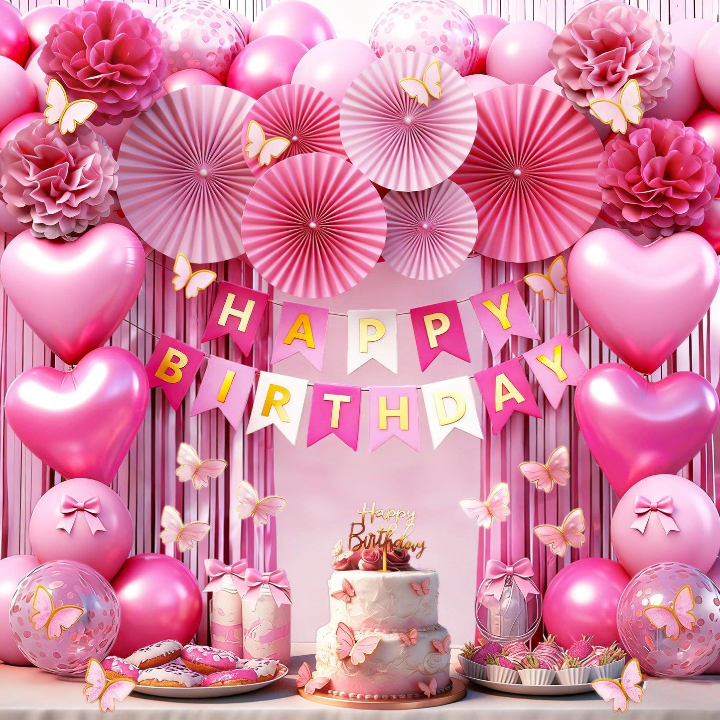 Hot Pink Birthday Party Decorations Kit with Paper Fan,Paper Pompoms,Butterfly Stickers,Cake Toppers, Foil Balloons, Tinsel Curtains ,Birthday Banners for Women Girls Party Supplies