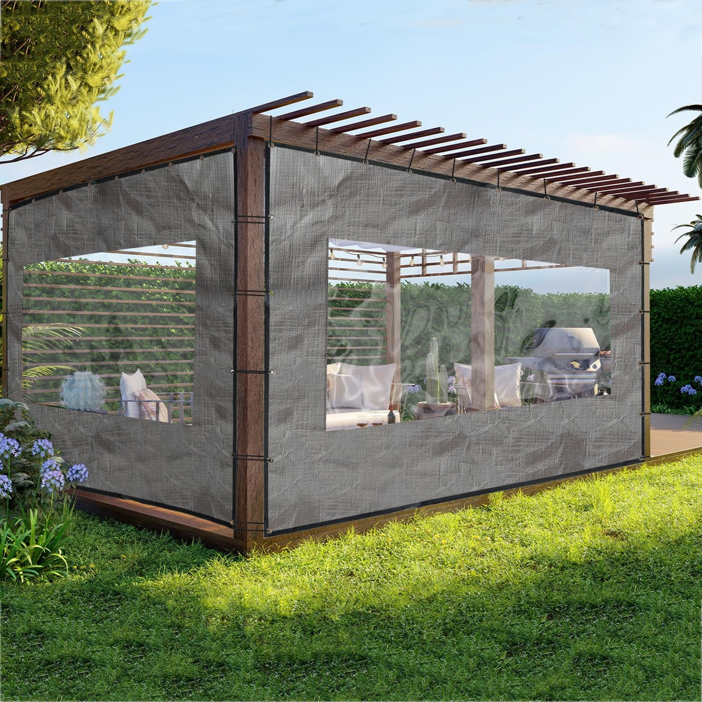 Softclub Outdoor Clear Panel Curtain,Heavy Duty Waterproof 18oz Vinyl Curtain Weatherproof with Grommets, Transparent PVC Tarp Cover for Pergola, Porch, Gazebos, Winter Protection (8 ft x 7 ft, Grey)