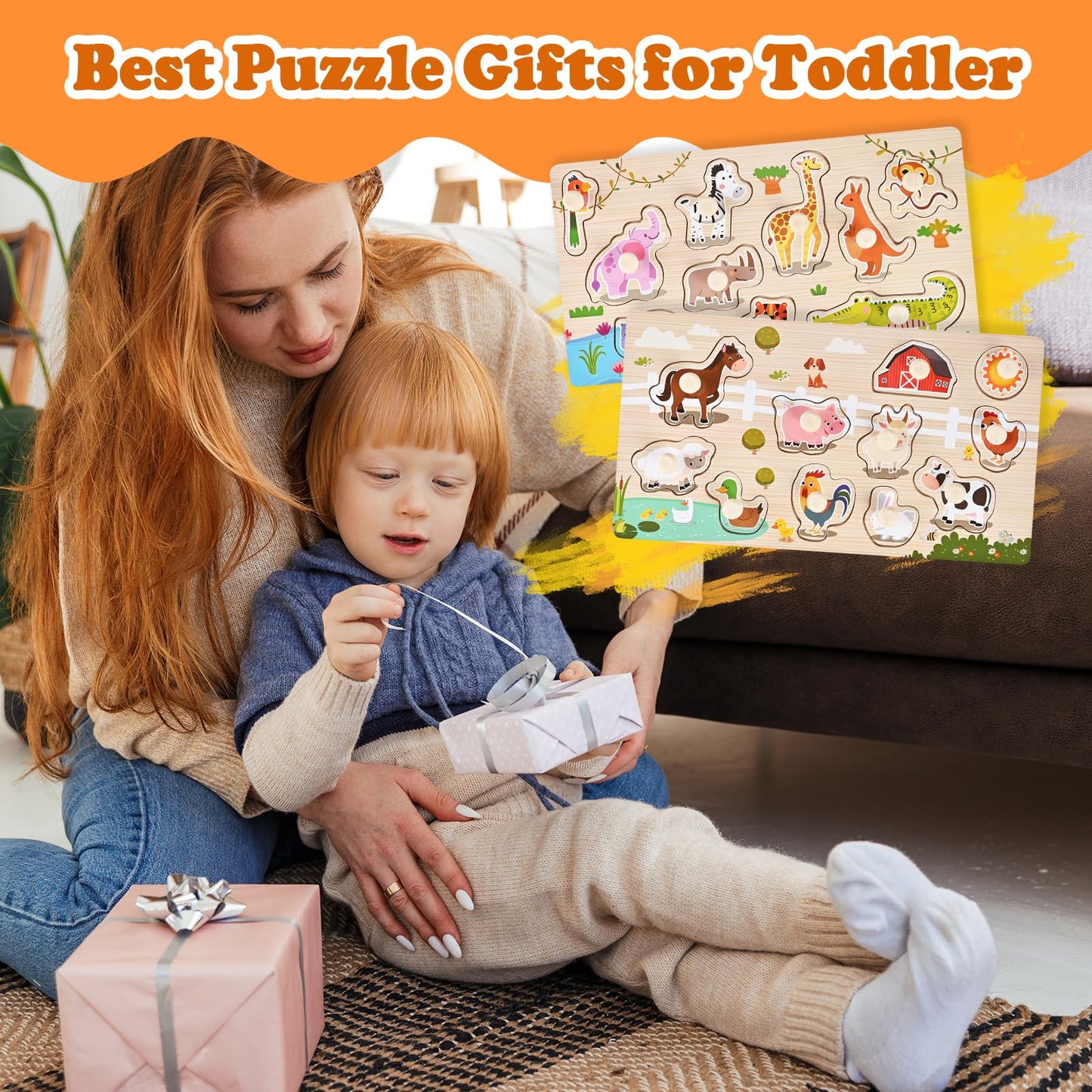 WoodTrove Wooden Peg Puzzles for Toddlers 1-3, 2 Pcs Montessori Puzzles, Zoo & Farm Animal Puzzles, Great Preschool Educational Learning Gifts for Girls and Boys