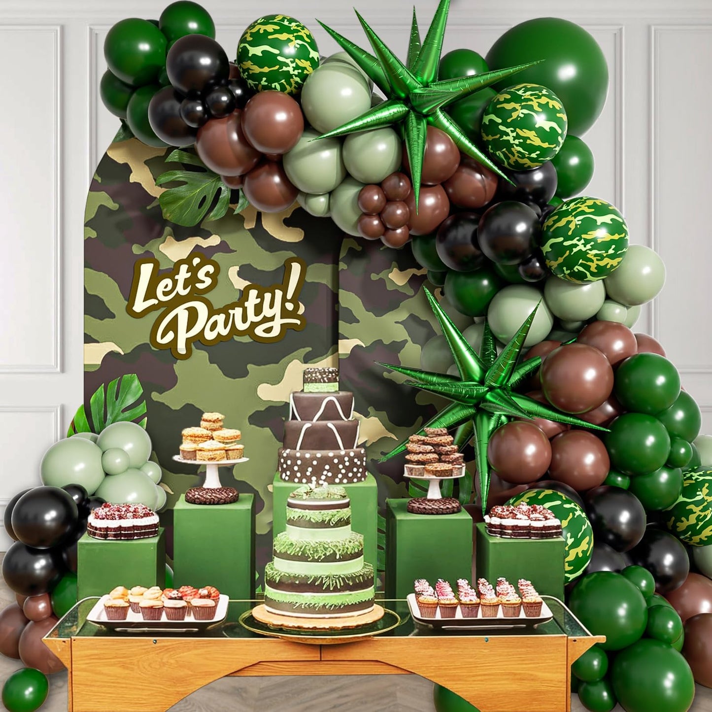 137pcs Camo Balloon Arch Garland Kit, Dark Green and Brown Balloon Arch Kit with Brown Sage Green Black Foil Balloons for Jungle Hunting Camo Birthday Party Decorations