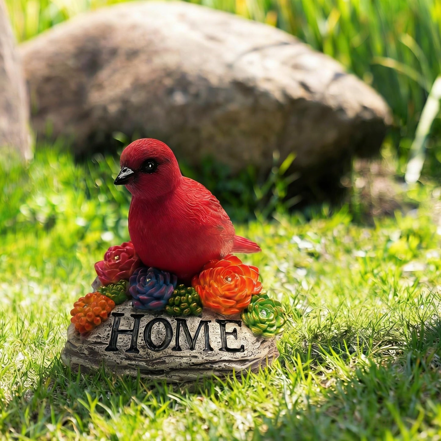 DECOUE Solar Garden Statue with Bird & “Home” Sign, Solar Bird Light Outdoor Decor with Warm LED Glow, Garden Decor for Outside Yard Patio Walkway, Decorative Garden Statue with Succulent Accents