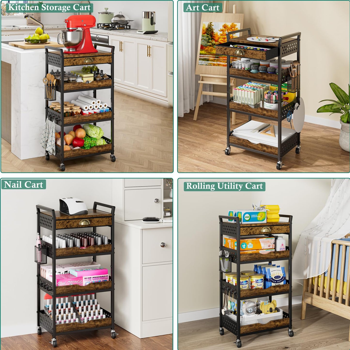 XYZLVSI 4 Tier Rolling Utility Cart Organizer with Removable Drawer, Small Coffee Stand Station with Wheels, Metal Craft Storage Cart for Living Room, Entryway, Bathroom, Office, Makeup