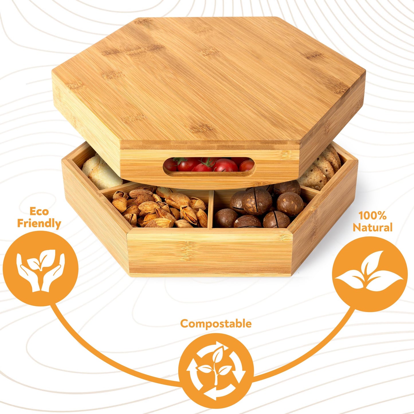 Snack and Serving Tray Set ā 13" Divided Bamboo Appetizer Platter for Dry Fruit, Nuts, Cheese and Charcuterie (Bamboo, 13"x11")