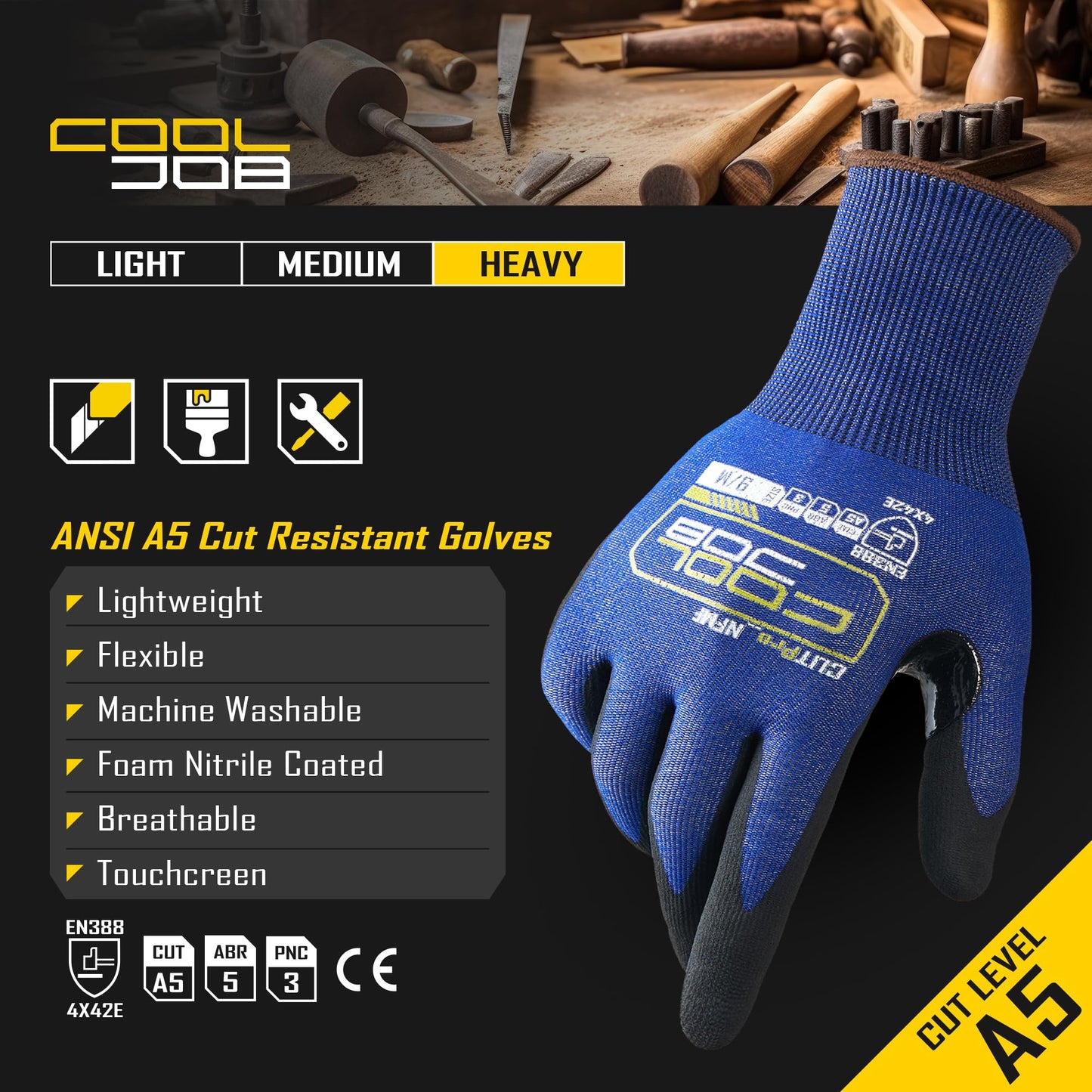 COOLJOB A5 Fiberglass Free Cut Resistant Gloves for Men, Touchscreen Safety Work Gloves with Grip Nitrile Coated, No PFAS, Non Slip, Soft & Durable, for Carving, Glass Handling, Blue Xlarge 1 Pair