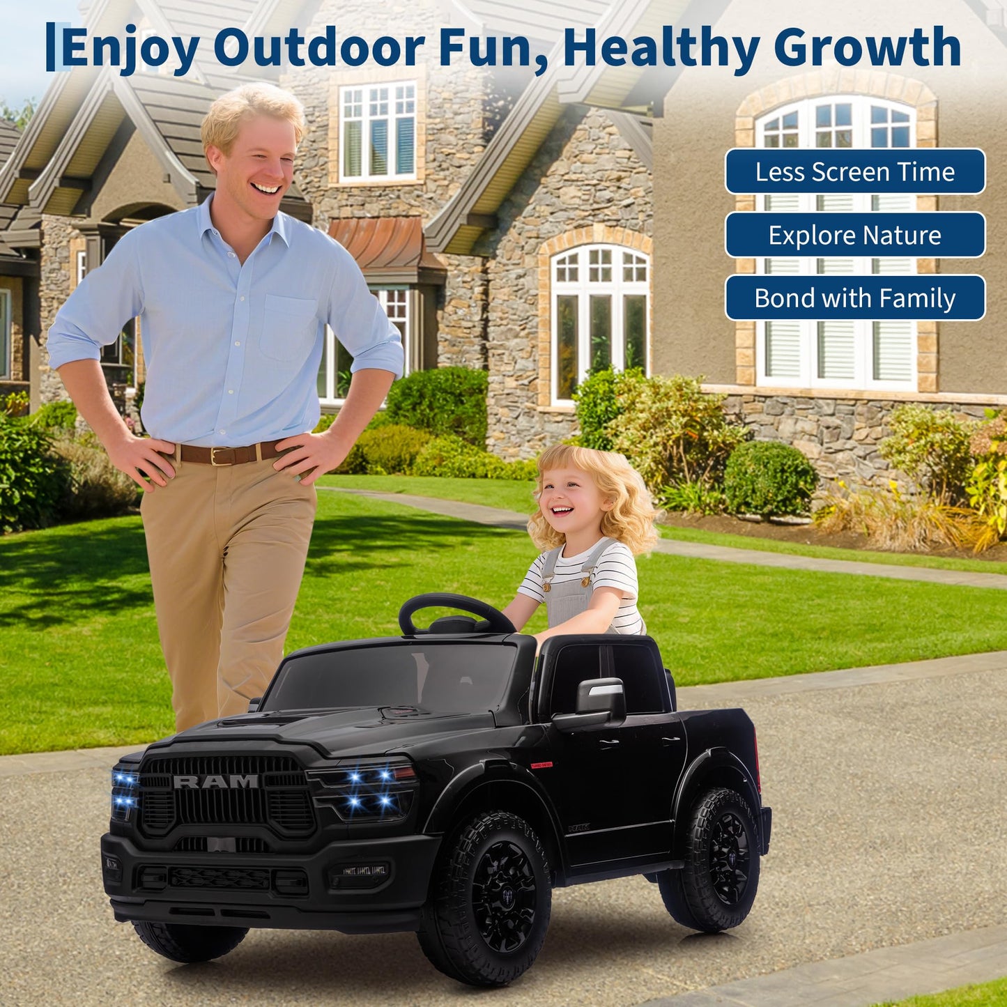 GarveeLife 24V Ride on Toys Licensed RAM 2500, 2 Seater Ride on Truck w/Remote Control, Spacious Truck Bed, 3 Speed, LED Lights, Suspension, Birthday Xmas Gifts for Boys Girls