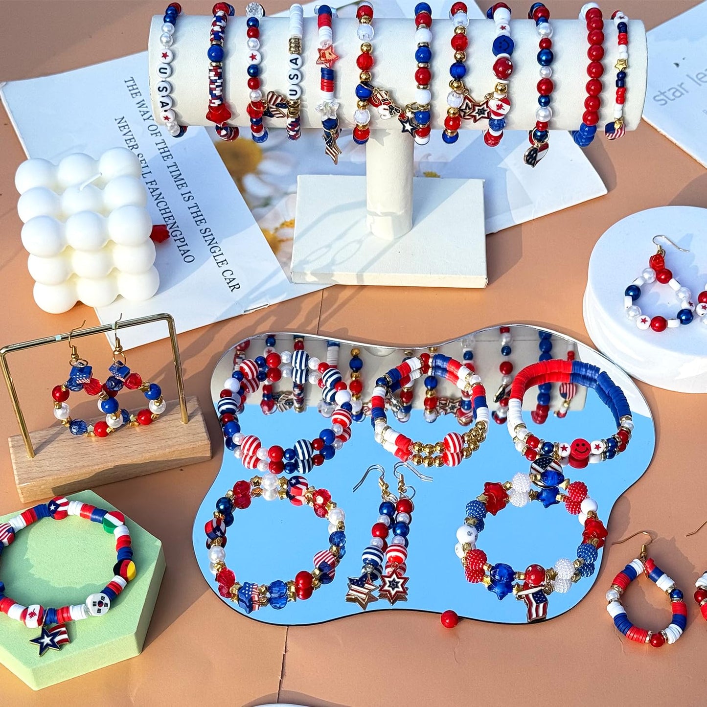 2100Pcs 4th of July Patriotic Beads Kit, Independence Day Bead Red White and Blue Polymer Clay Beads for Bracelets Jewelry Making Acrylic Round Star Letter Loose Beads with USA Patriotic Star Charms