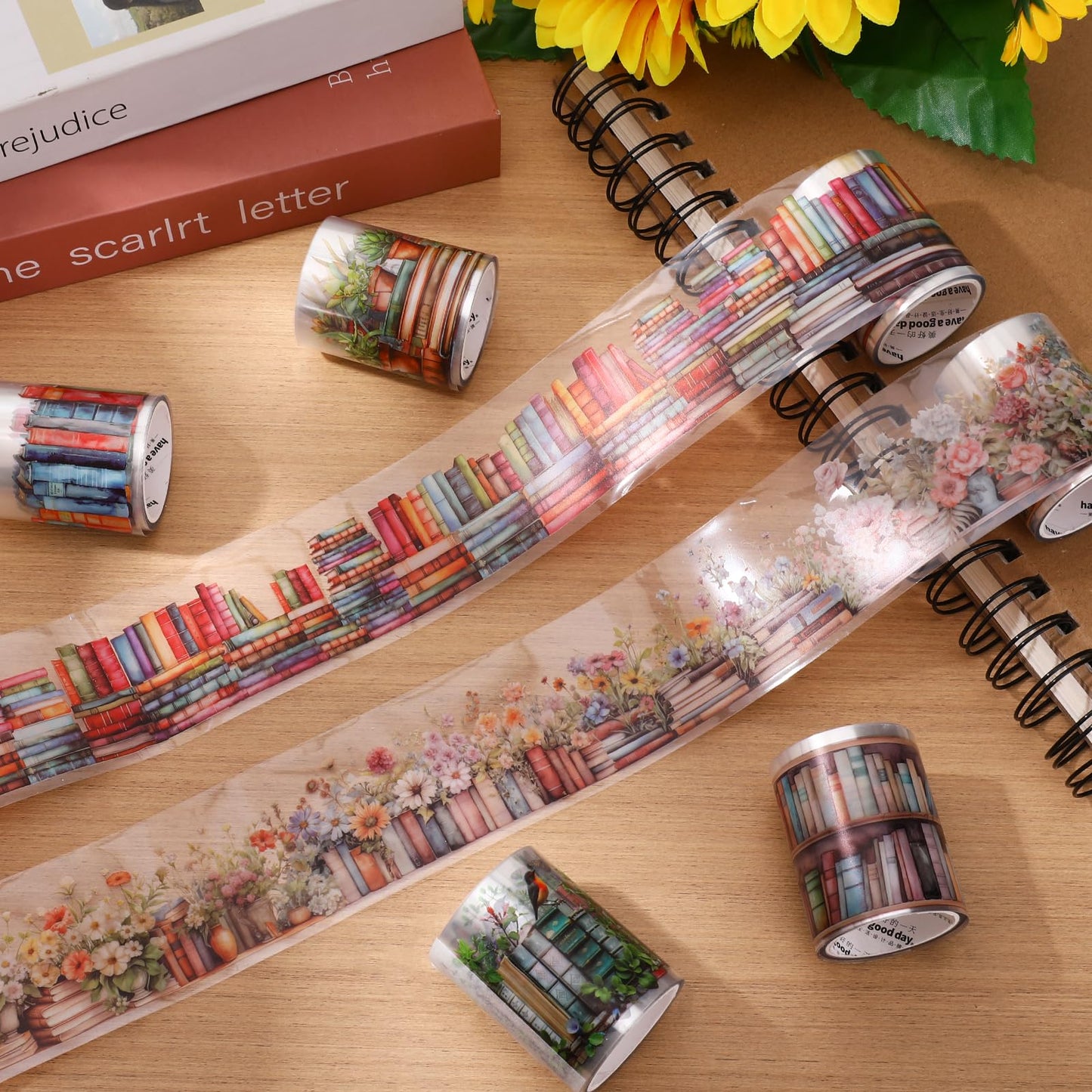 6 Rolls Book-Themed PET Tape, PET Tape Stickers for Journaling, Library and Nature-Inspired Floral washi Stickers Book Journal Supplies for DIY Crafts, Gift Wrapping, Scrapbooking and Journaling