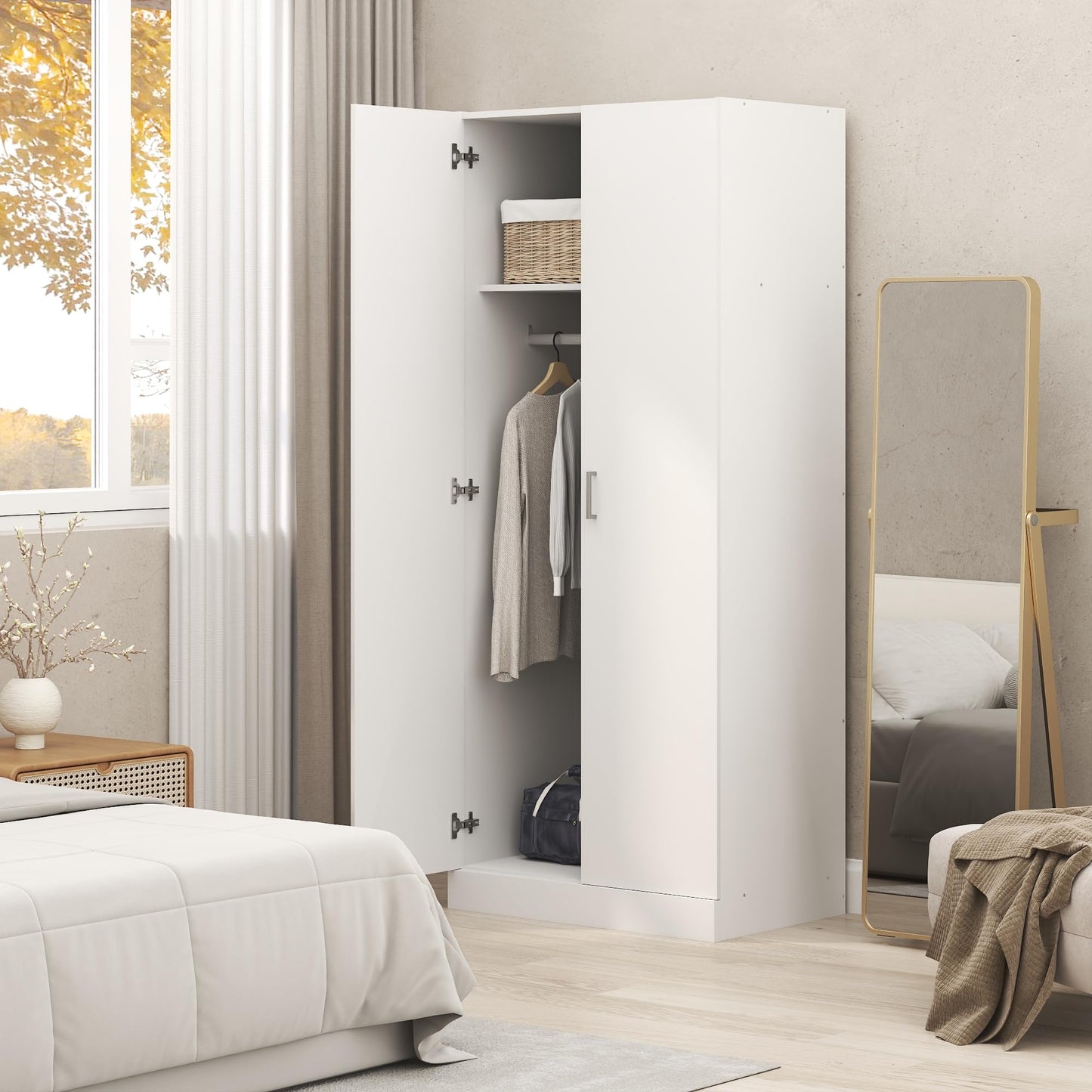 Furinno Robin Wardrobe Cabinet with Hanging Rod, Closet Organizers and Storage, for Wardrobe, Bedroom, Living Room, Entryway, White