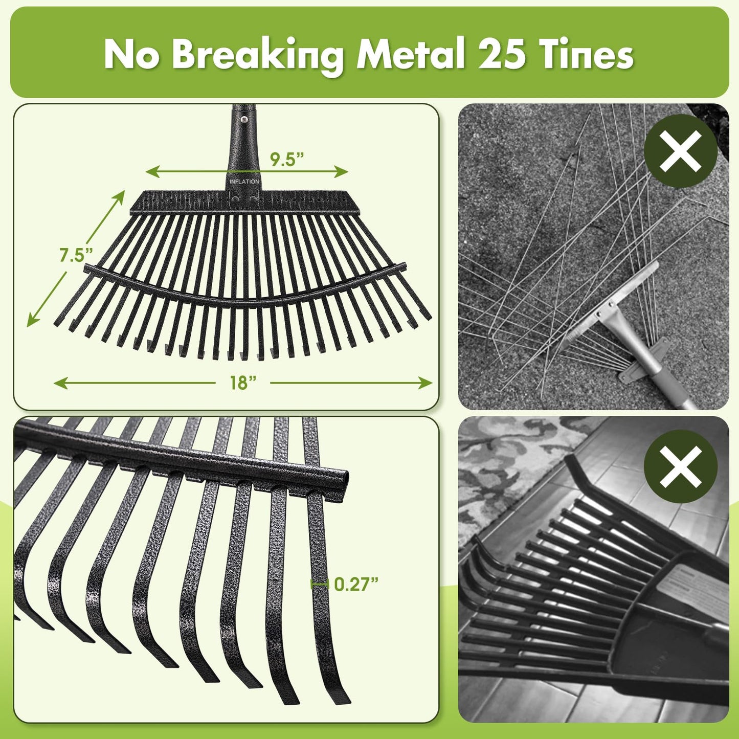 INFLATION Garden Rake for Leaves Heavy Duty Women Men Grandpas for Lawns,79” Length 18” Width Adjustable 25 Tines Sturdy Metal Yard Leaf Rakes with Non-Slip Comfortable Smooth Long Handle