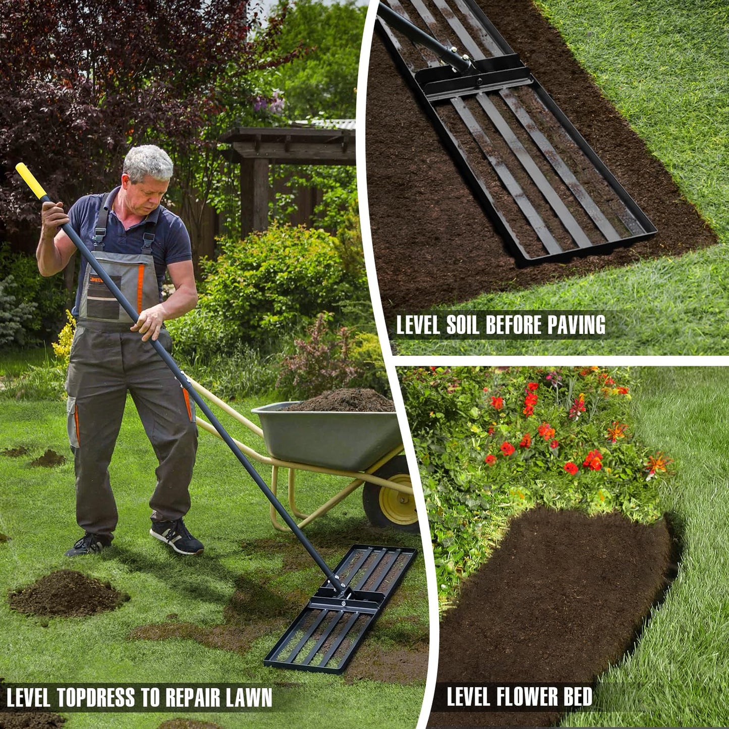 Jardineer 45 Inch Heavy Duty Lawn Leveling Rake, 72 Inch Long Handle Yard Leveler for Grass Soil, Ground Dirt Leveler Tool for Lawn, Garden, Golf Course Maintenance