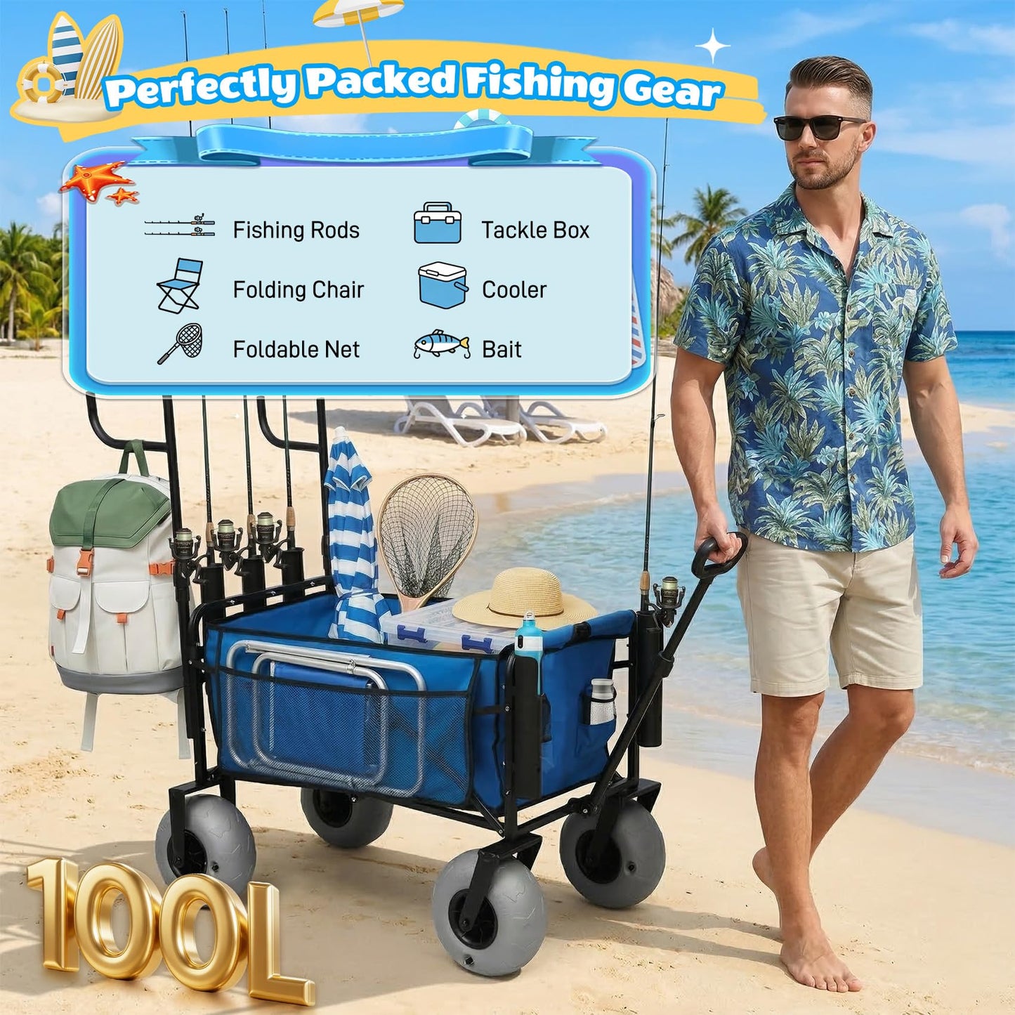 Fishing Cart with Big Wheels for Sand, 9" All-Terrain Wheels, Beach Wagon for Sand, Equipped with a Rod Holder and Side Pockets for All Your Fishing, Camping or Beach Supplies, Blue & White