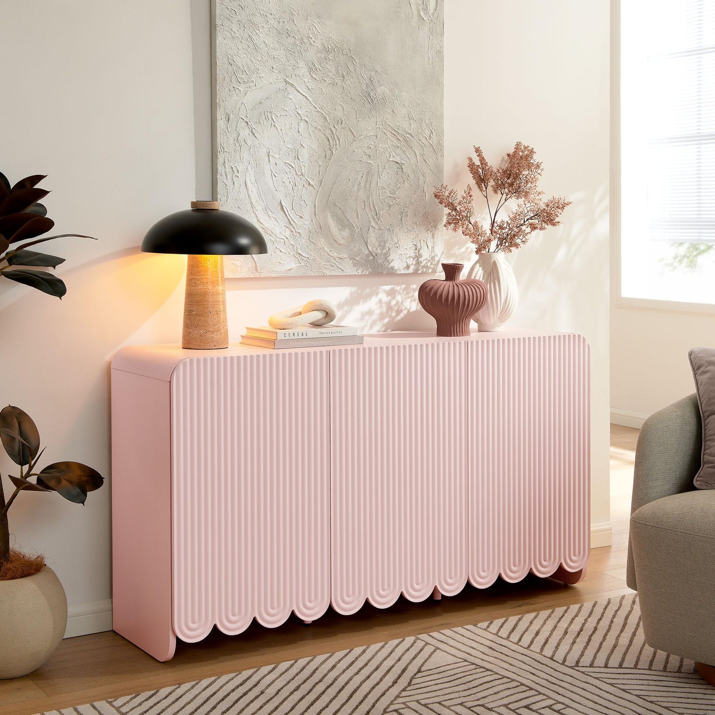 Modway Dahlia 55-Inch Fluted Sideboard Cabinet in Soft Pink — Accent Storage Cabinet with Adjustable Shelves — 3-Door Scalloped Sideboard for Living Room, Entryway, or Dining Room
