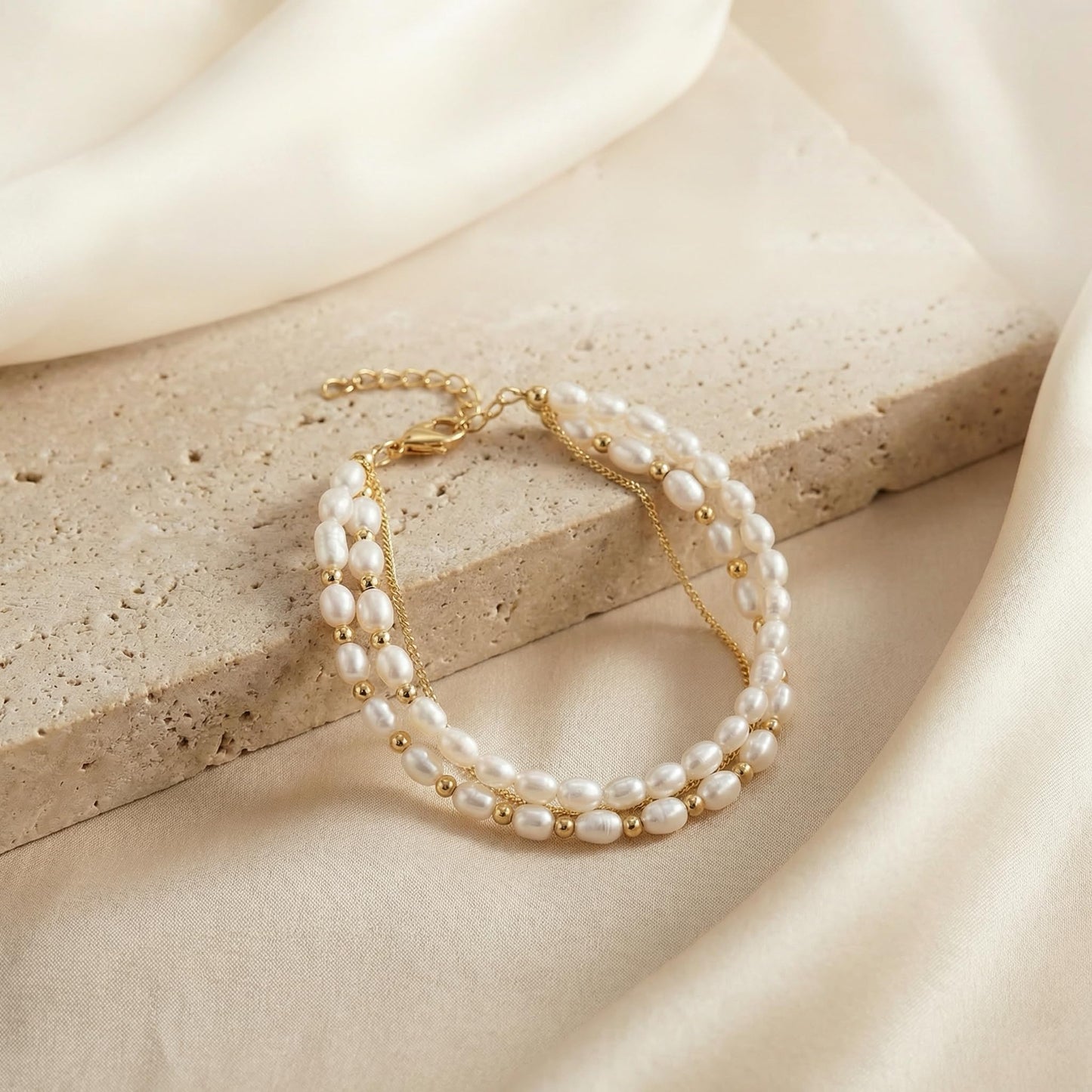 Pearl Bracelets for Women - 3 Pcs Gold Tone Dainty Beaded Bracelet Set - Minimalist Layered Simulated Pearl Link Chain Jewelry for Wedding Bridesmaid Party (White & Gold)