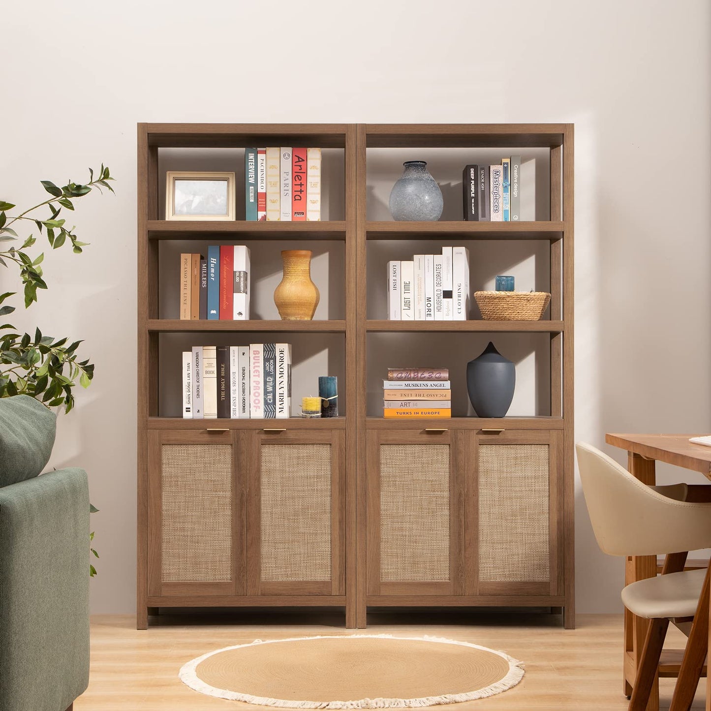 SICOTAS Bookshelf 5 Tier Book Shelf Rattan Boho 71" Tall Bookcase with Doors Storage Shelves Large Bookshelves Farmhouse Bookcases Library Book Case for Living Room Bedroom Home Office Kitchen