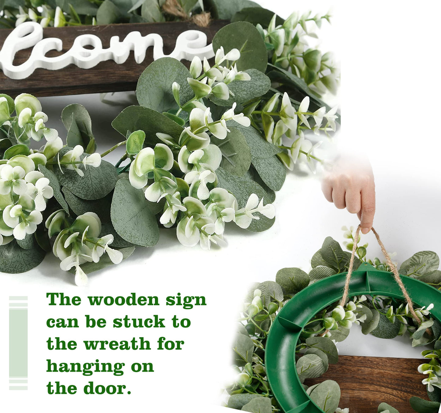 Sggvecsy 16in Artificial Eucalyptus Wreath with Welcome Sign Green Eucalyptus Leaf Wreath Greenery Wreath Round Leaves Wreath for Front Door Wall Window Festival Farmhouse Porch Patio Garden Decor