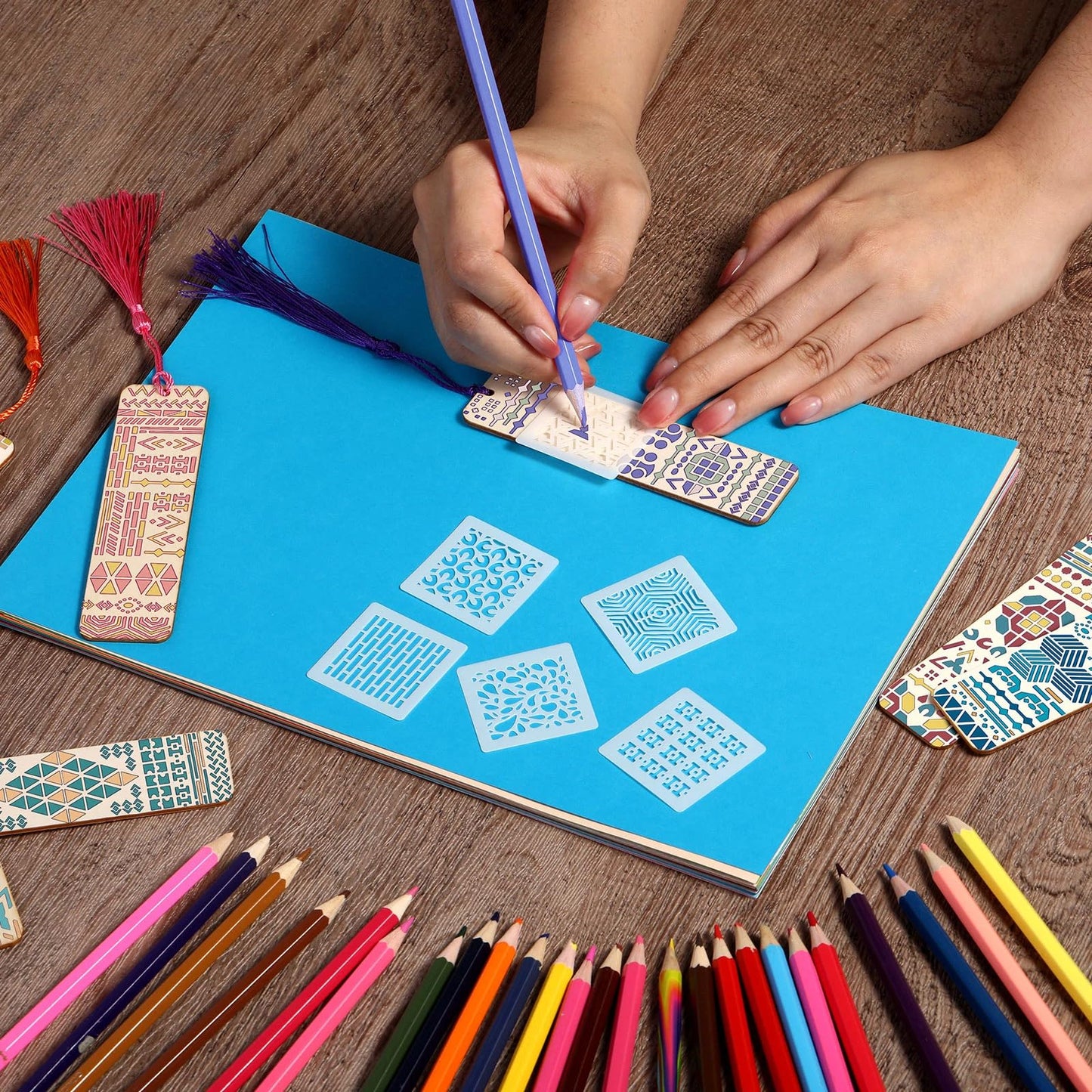 TaoBary 92 Pcs Wood Bookmark Making Kit Includes 36 Unfinished Blank Bookmarks 36 Tassels 20 Templates Craft for DIY Crafts, Painting, Valentine's Day, Mother's Day Gift(Geometry, 4.8 x 1.3 Inch)