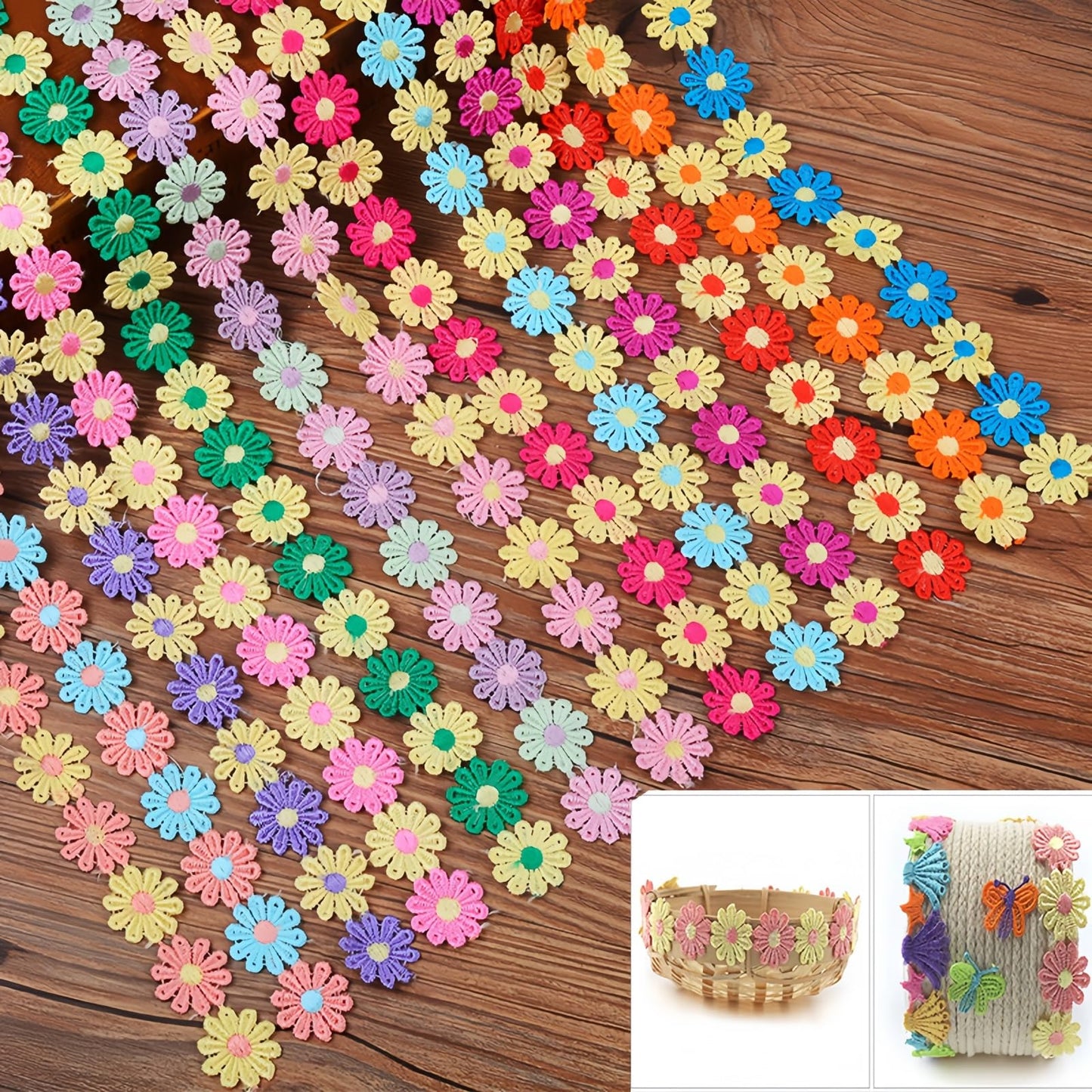 15 Yards Daisy Flower Lace Trim Embroidered Floral Lace Sewing Trim Ribbons for Embellishment Craft Dress Hair Accessories Decorations(Rainbow)