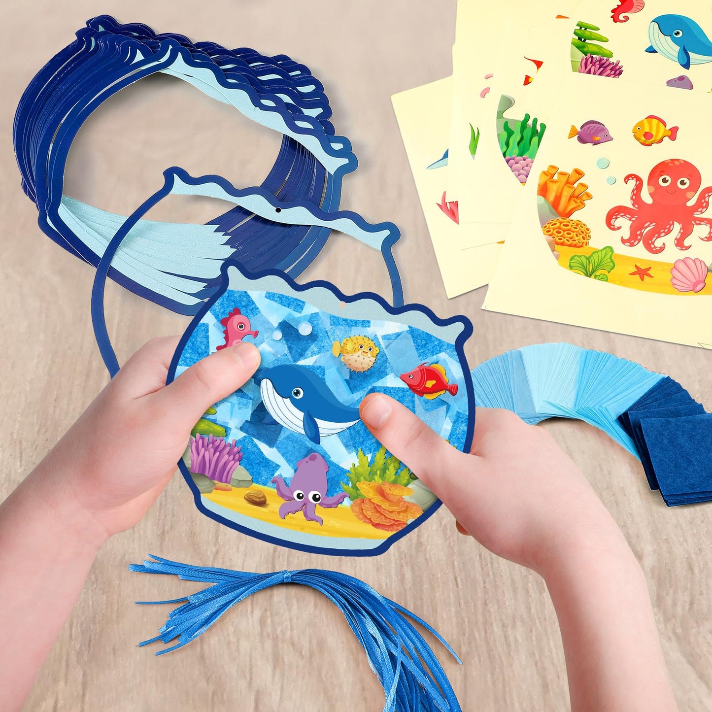 Supervitae 24 Sets Fishbowl Paper Crafts Kits Summer Crafts Sun Catchers Art Kits DIY Fish Tissue Paper Sign Make an Ocean Animals Worlds Stickers Scene for Window Activities Game Party Decor