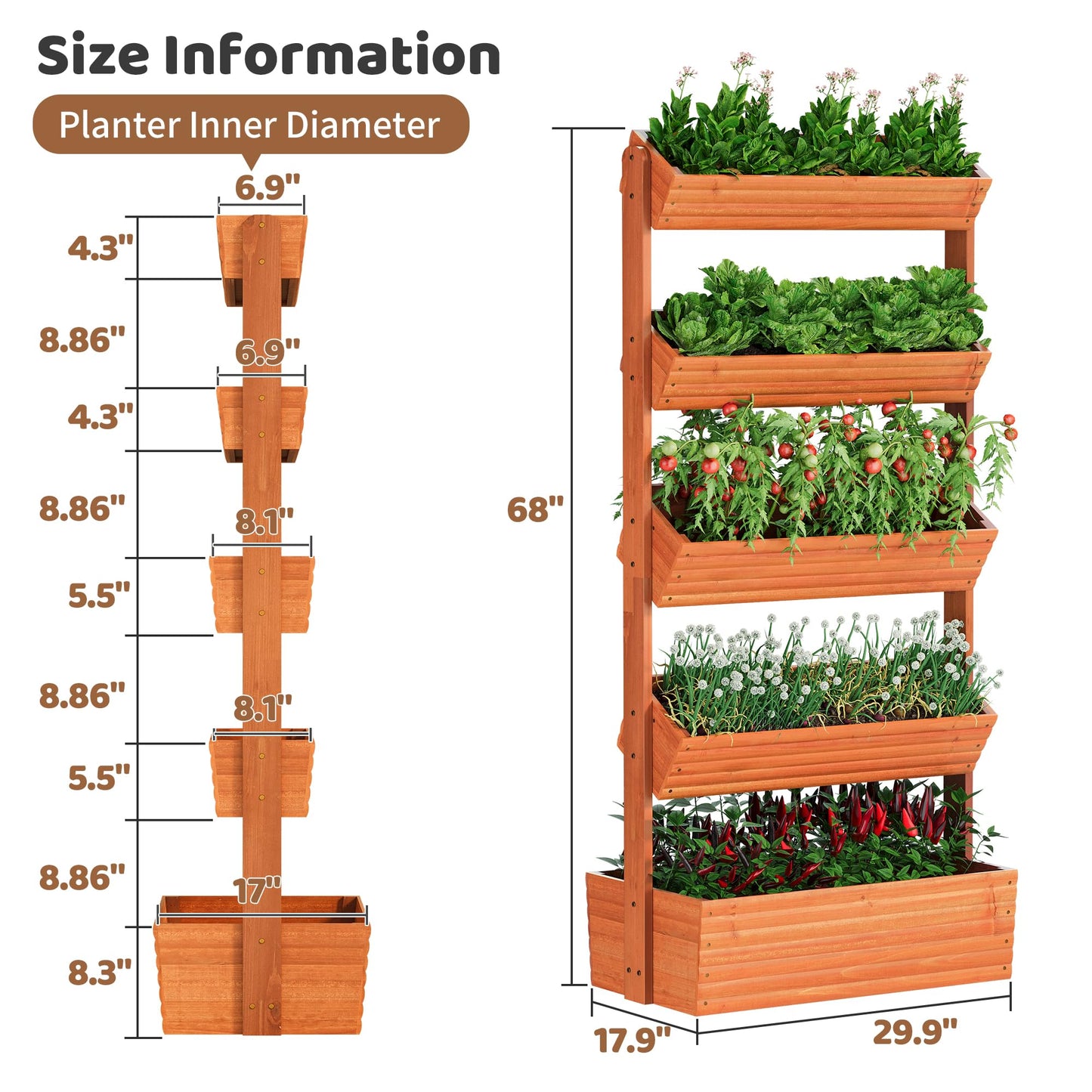 FILWH Wooden Raised Garden Bed Vertical Planter Box, Freestanding Plant Stand for Indoor Outdoor Plants, Herbs, Flowers, Vegetables, Gardening (Reddish Brown, 5-Tier,29.9 x 17.9 x 68in)