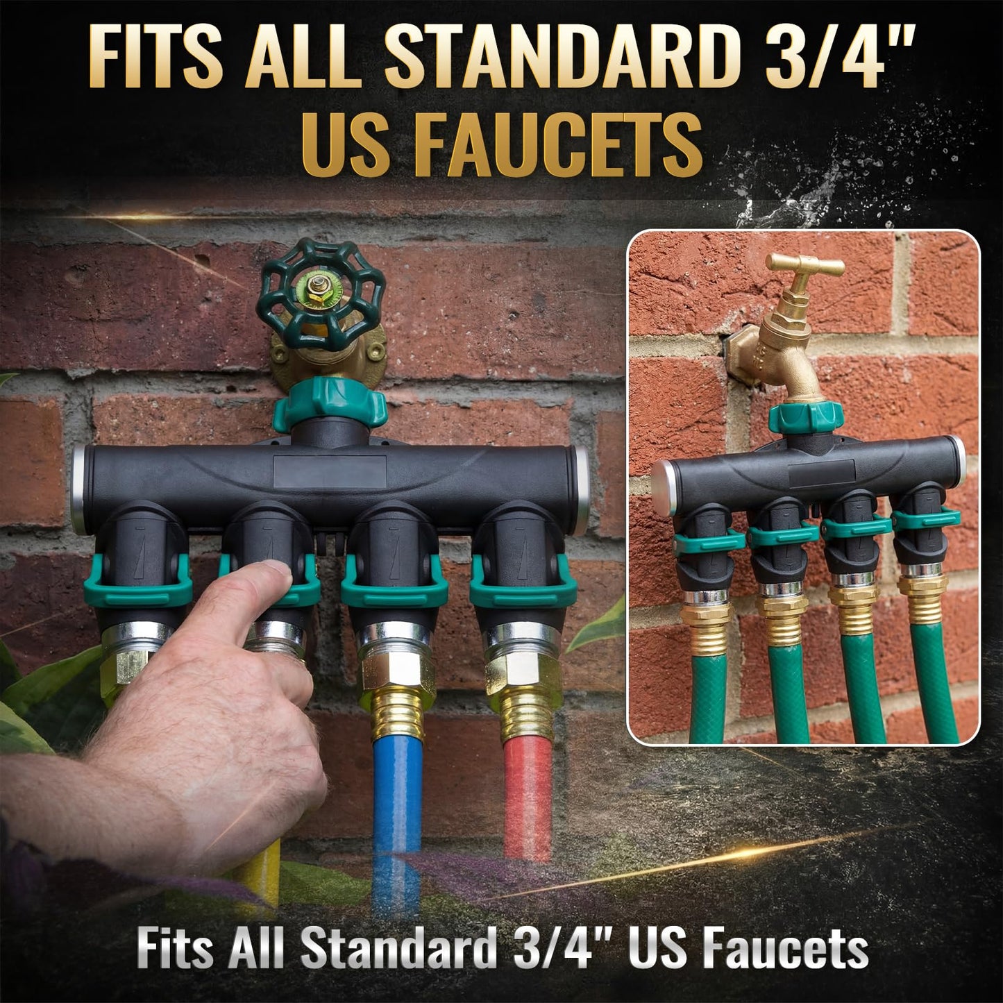 Chunful 4 Way Garden Hose Splitter Metal Water Hose Splitter Connector 3/4" Us Standard, Heavy Duty Zinc Alloy Hoses Manifold, Easy Grip & Easy to Open, 4 High-volume Valves for Irrigation Lawn Garden