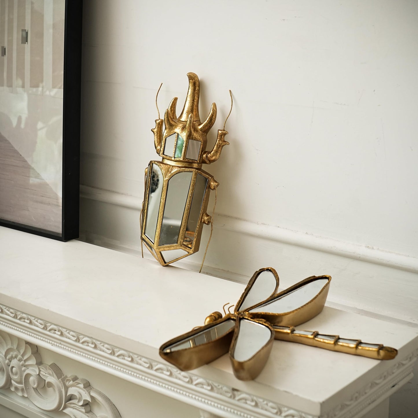 Xinleitan Decorative Bug and Dragonfly Mirrors - Gold Resin and Glass Wall Decor, Perfect for Victorian and European Themed Homes