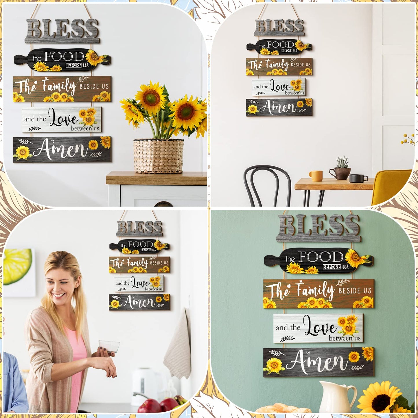 Wesiti 5 Pieces Kitchen Wall Decor Bless the Food Before Us Sign Farmhouse Rustic Dining Room Wall Art Wooden Hanging Signs for Kitchen Decor Hanging Plaque for Home(Sunflower)