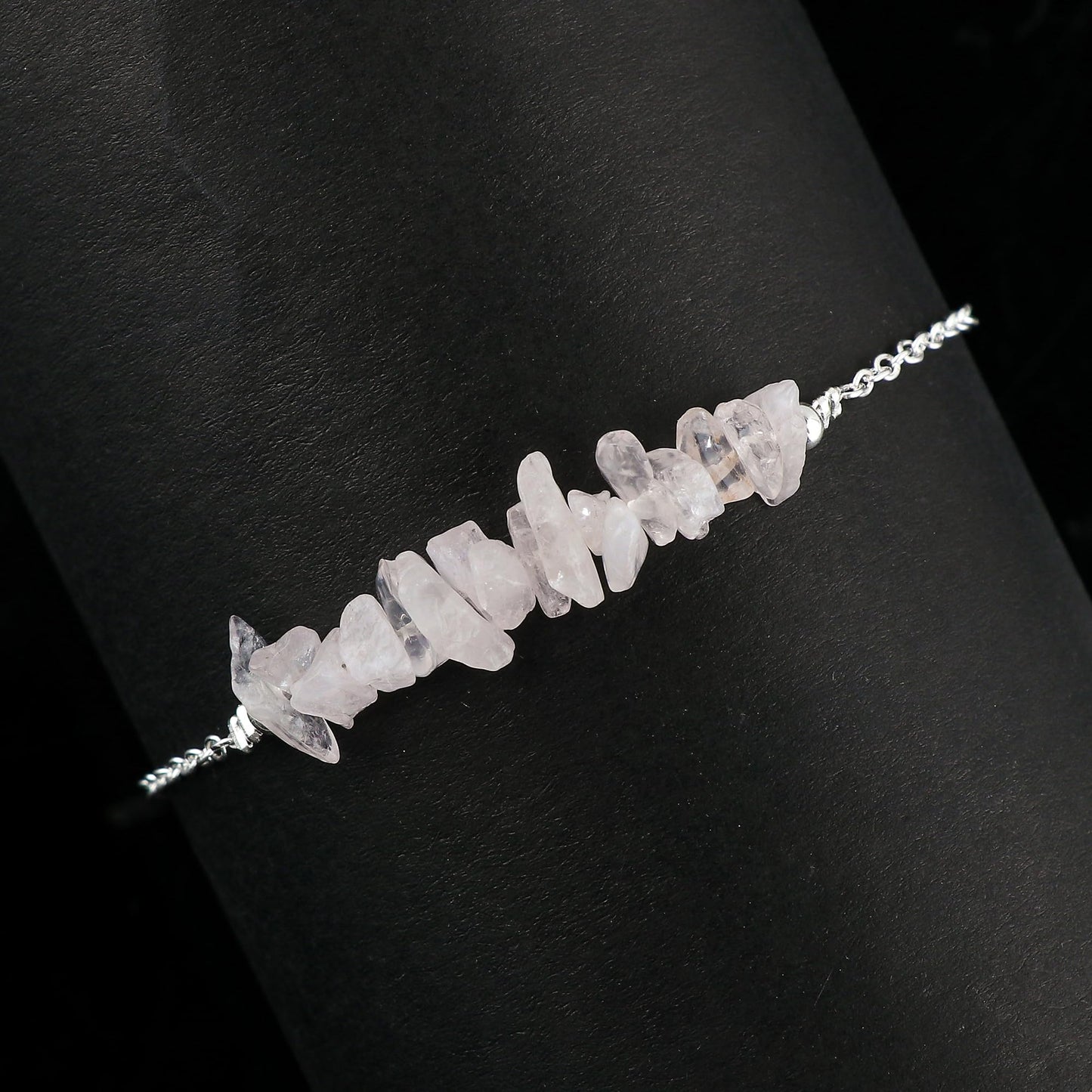 Gemimpression Handmade Rose Quartz Chips Bar Bracelet – Natural Energy Healing Crystals – Silver Plated Adjustable 8 Inch Chain – Christmas Gift
